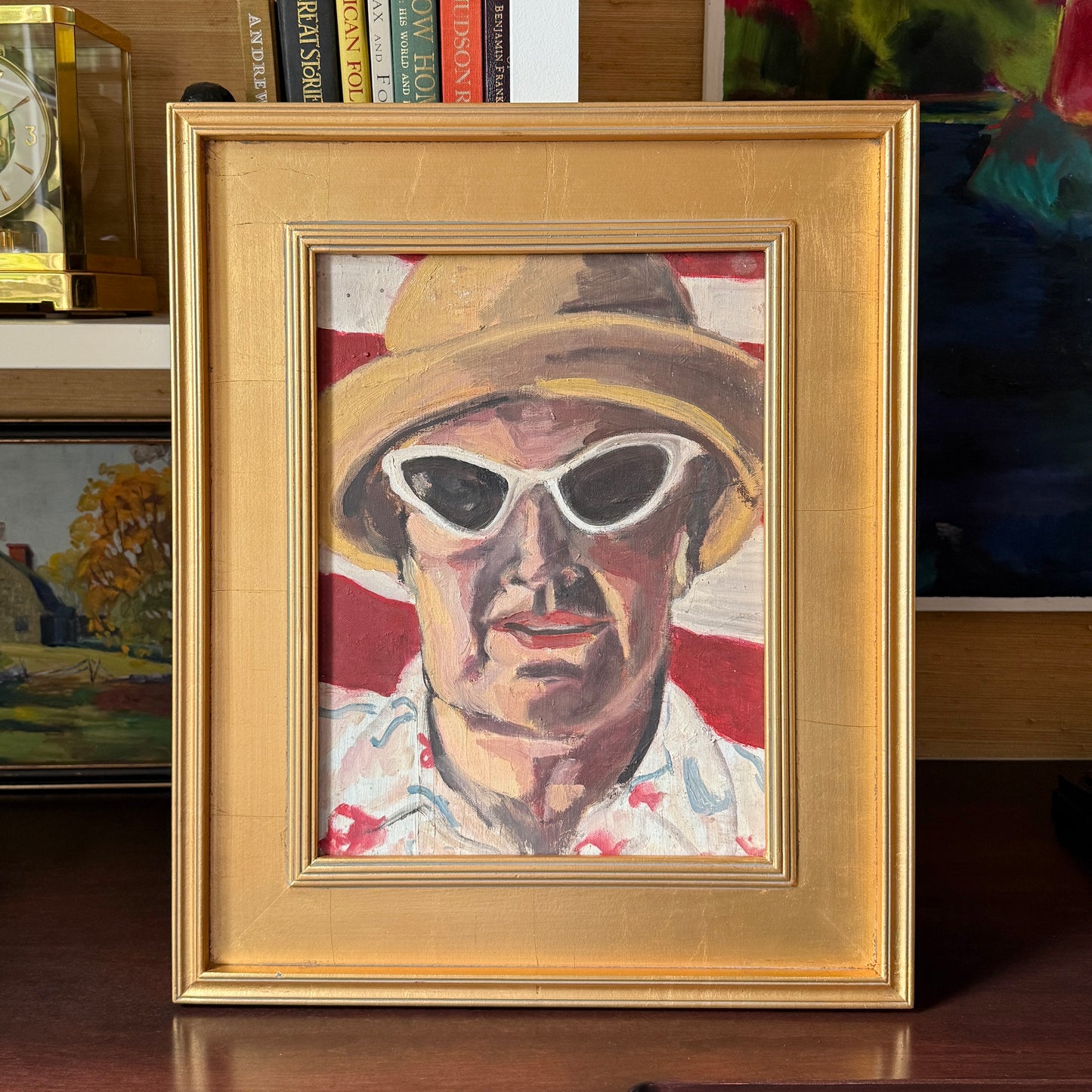 Lady of Summer American Flag and Attitude Vintage Portrait Oil Painting in Gold Frame