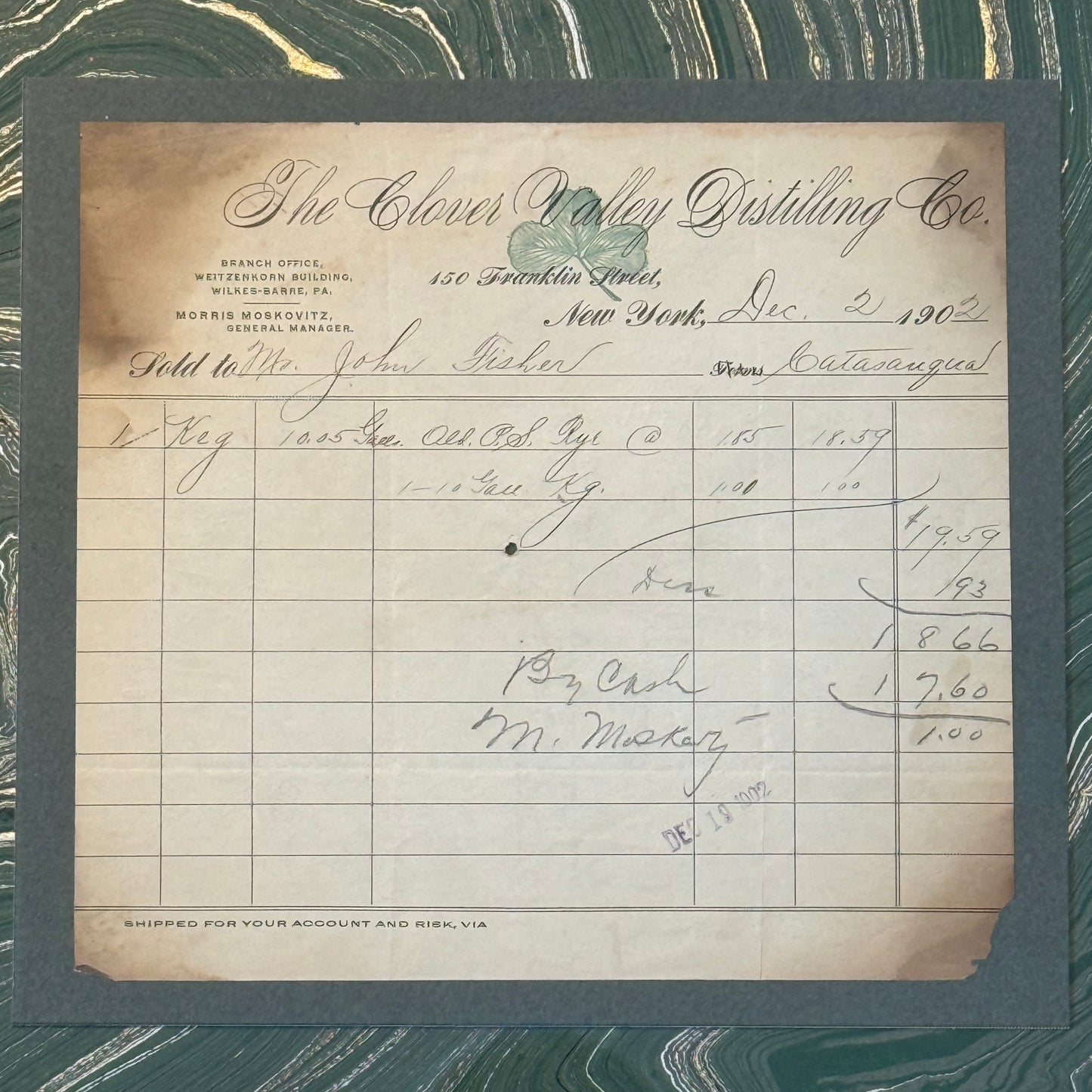 1902 Receipt from The Clover Valley Distilling Company of NY for a Keg of Rye Whiskey