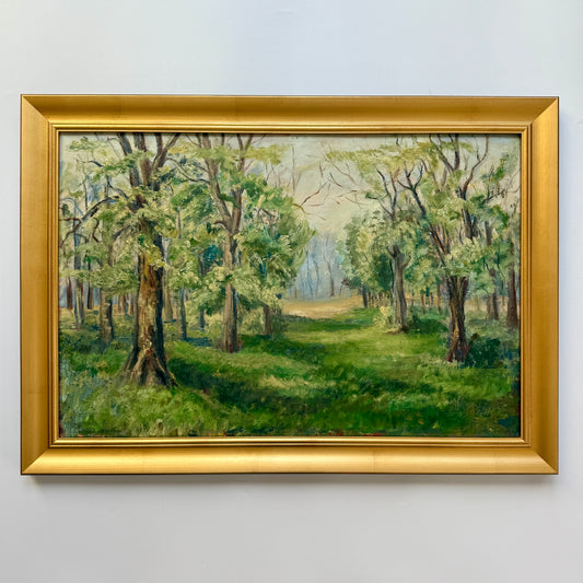 Vintage Wooded Path Verdant Landscape Oil Painting in Gold Frame