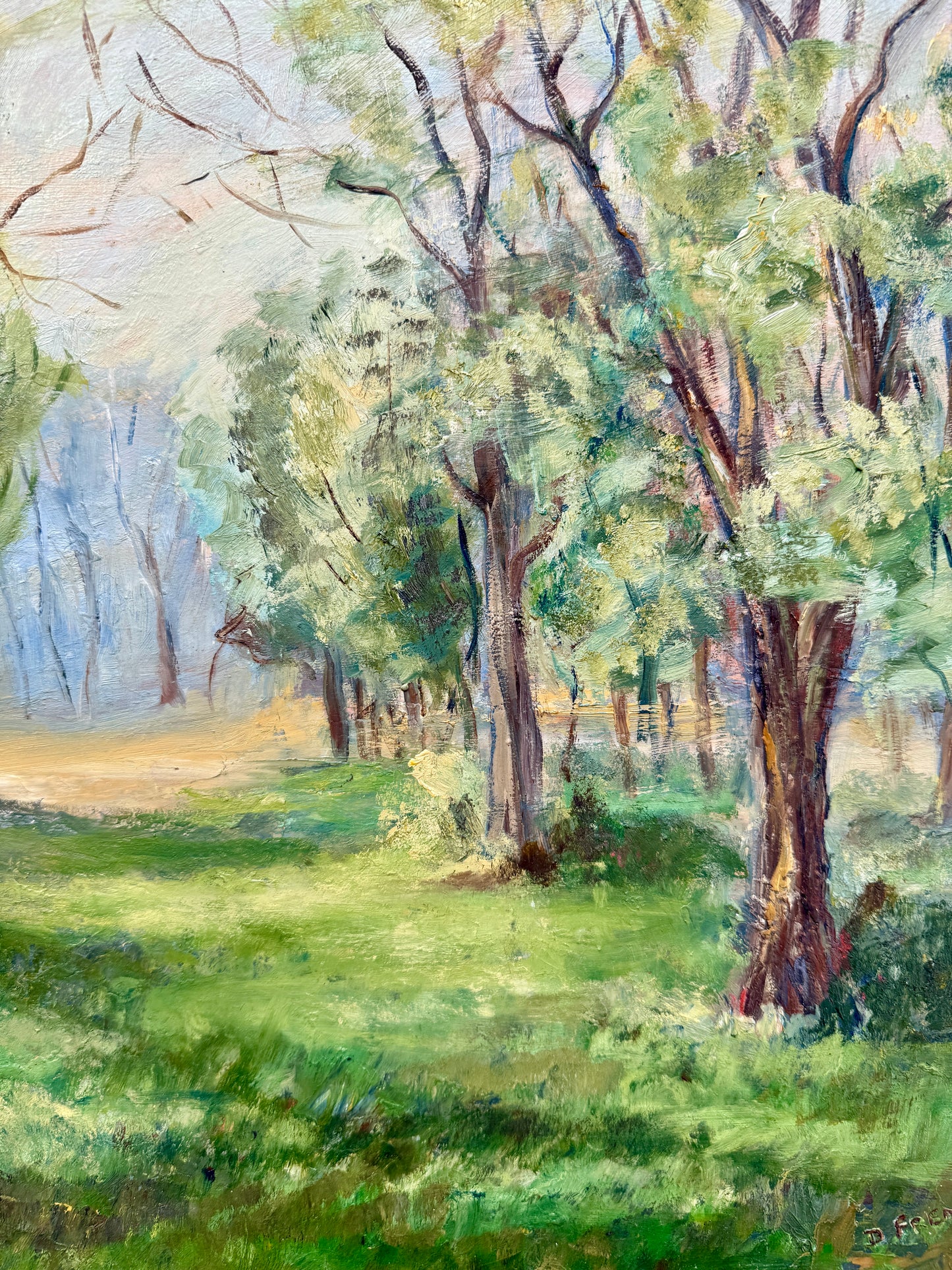 Vintage Wooded Path Verdant Landscape Oil Painting in Gold Frame