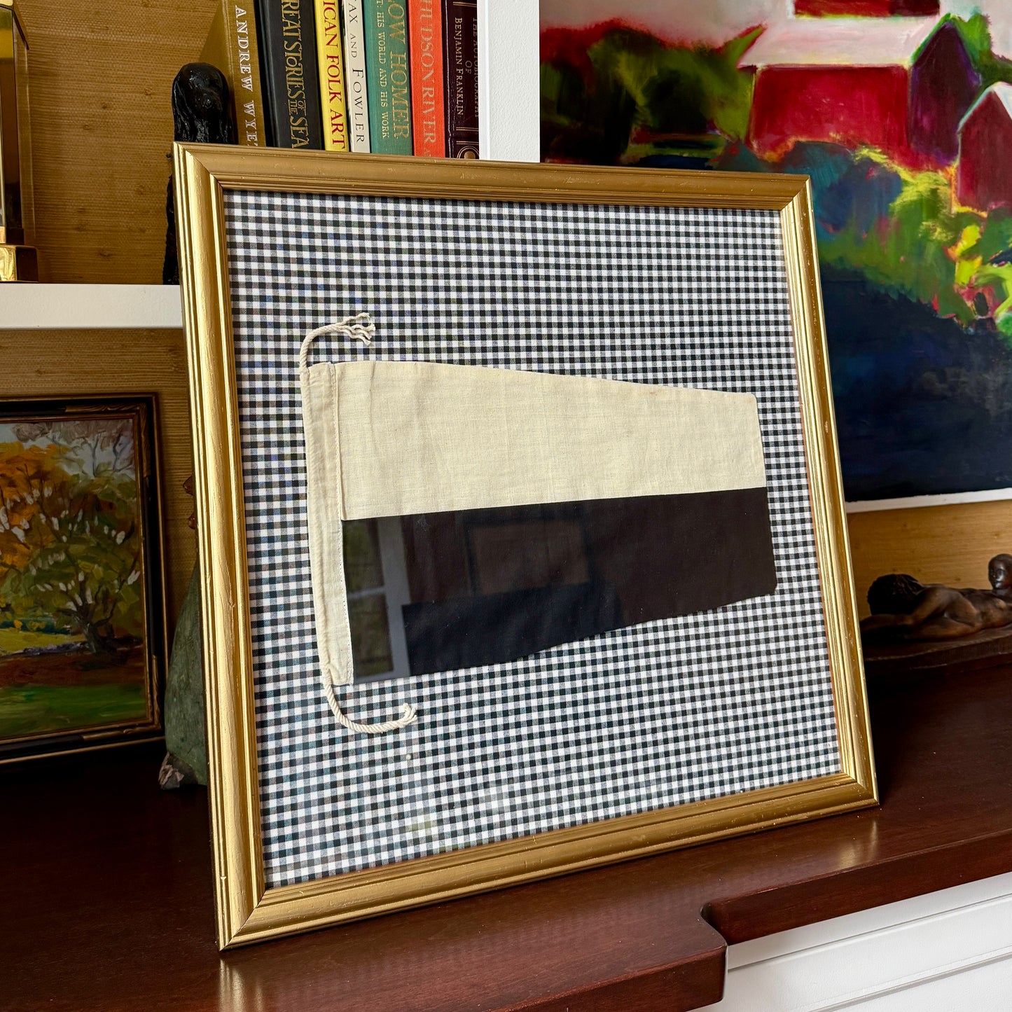 Vintage Cotton Canvas Nautical Yachting Signal Flag for "6" on Black and White Gingham in Gold Frame