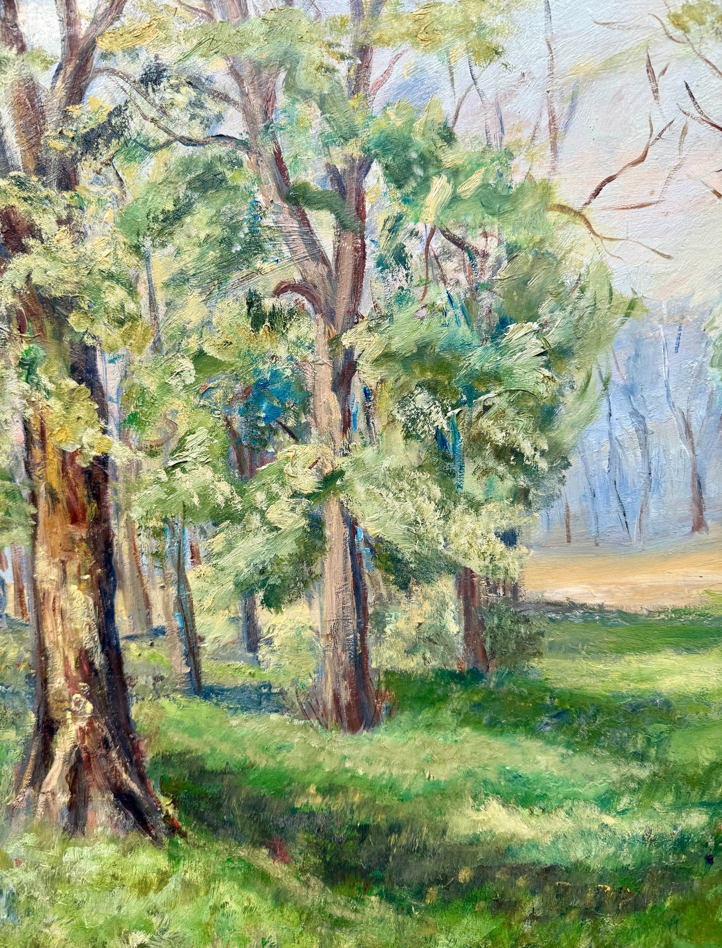 Vintage Wooded Path Verdant Landscape Oil Painting in Gold Frame