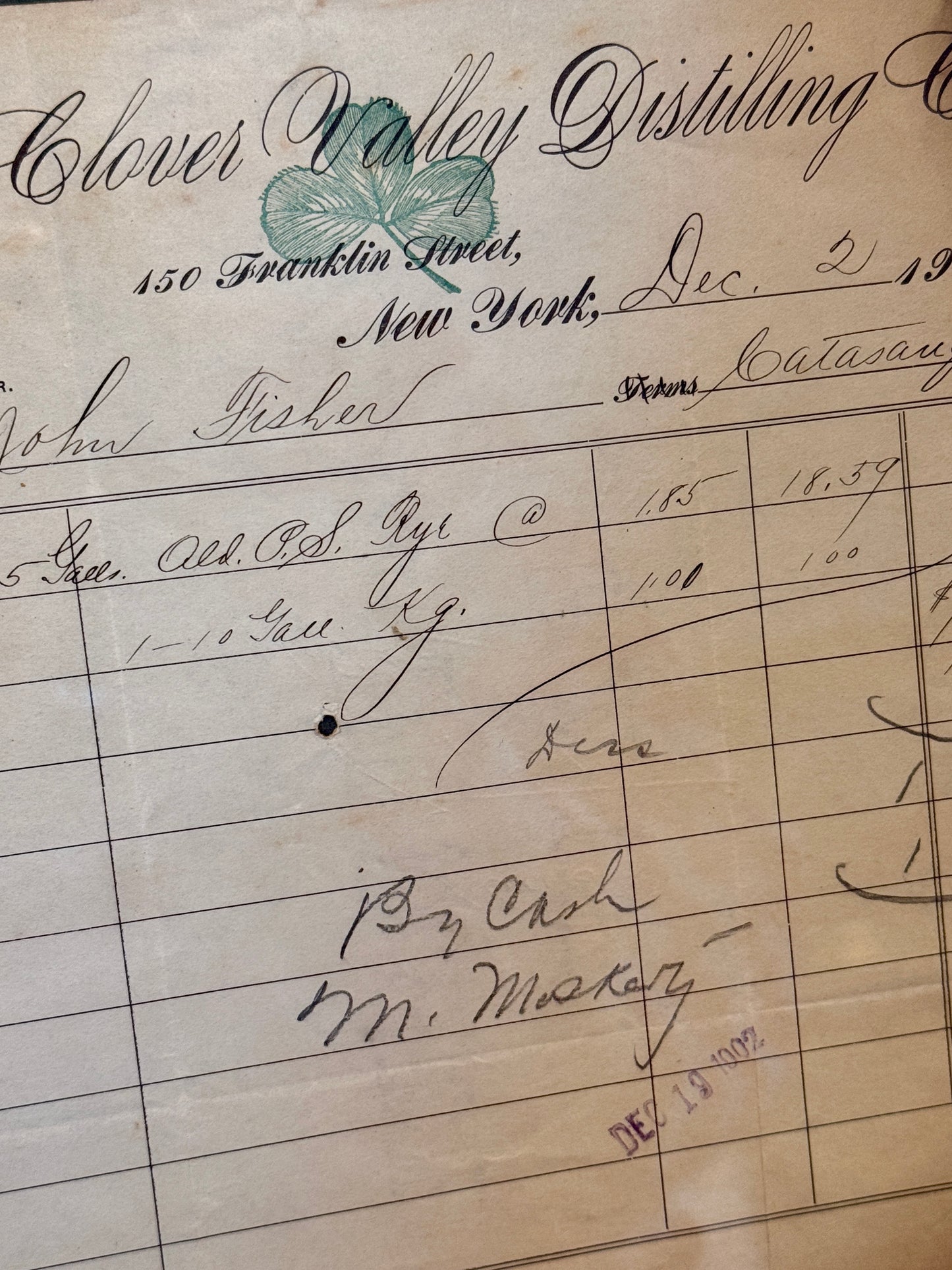 1902 Receipt from The Clover Valley Distilling Company of NY for a Keg of Rye Whiskey