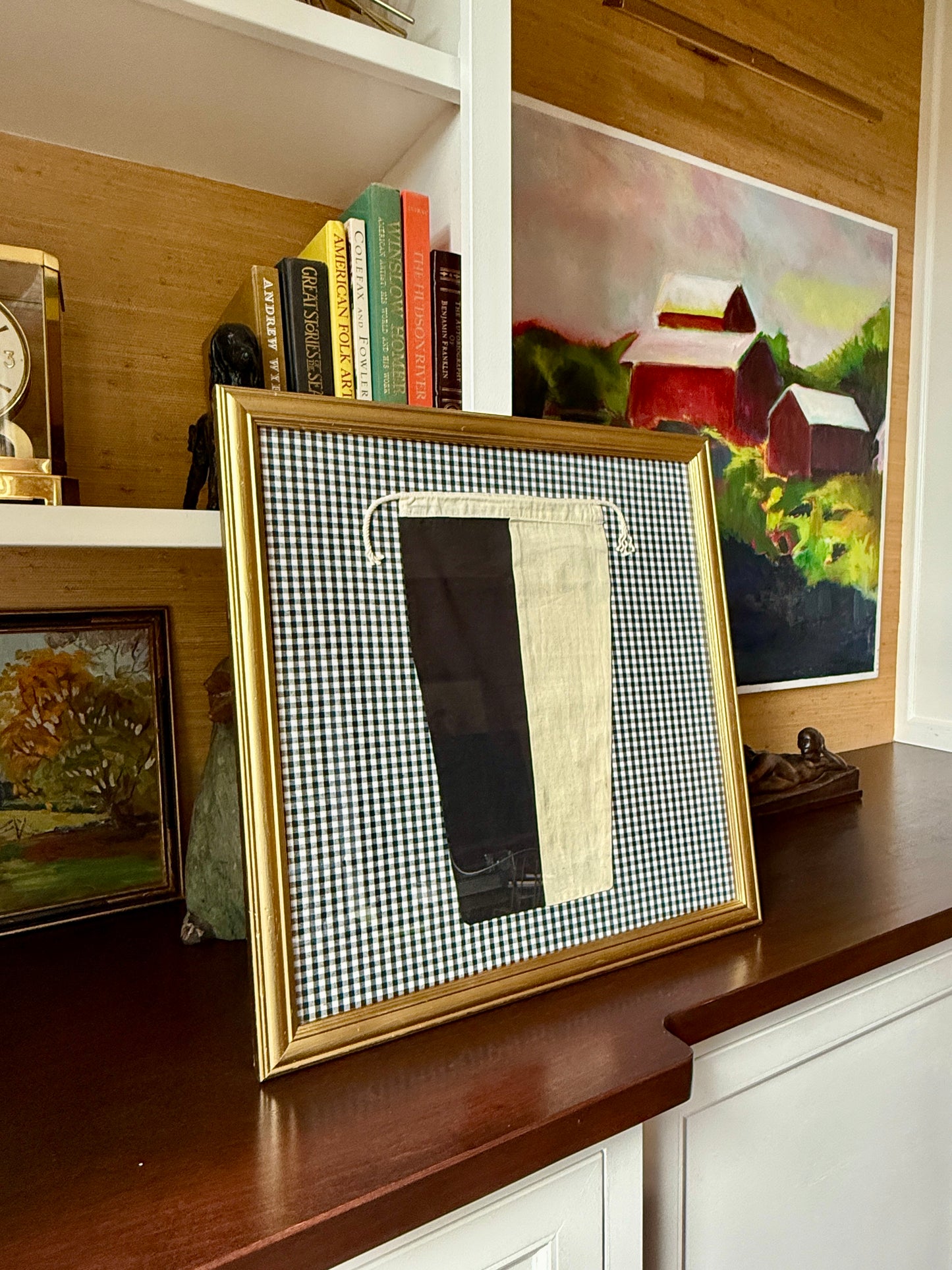 Vintage Cotton Canvas Nautical Yachting Signal Flag for "6" on Black and White Gingham in Gold Frame