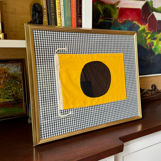 Vintage Cotton Canvas Nautical Yachting Signal Flag for "I" on Black and White Gingham in Gold Frame