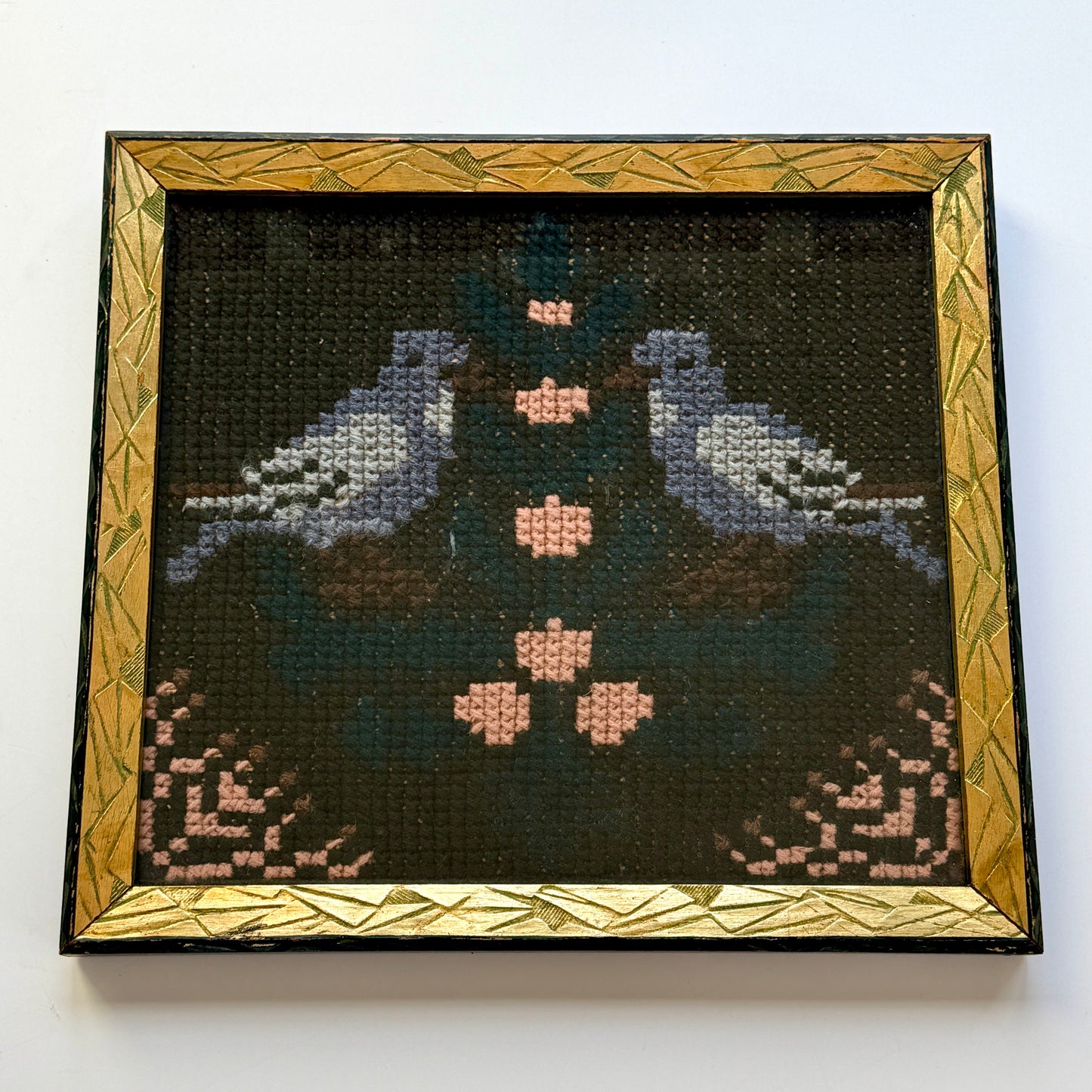 Antique Bluebirds and Hearts Cross Stitch in Carved Gold Frame