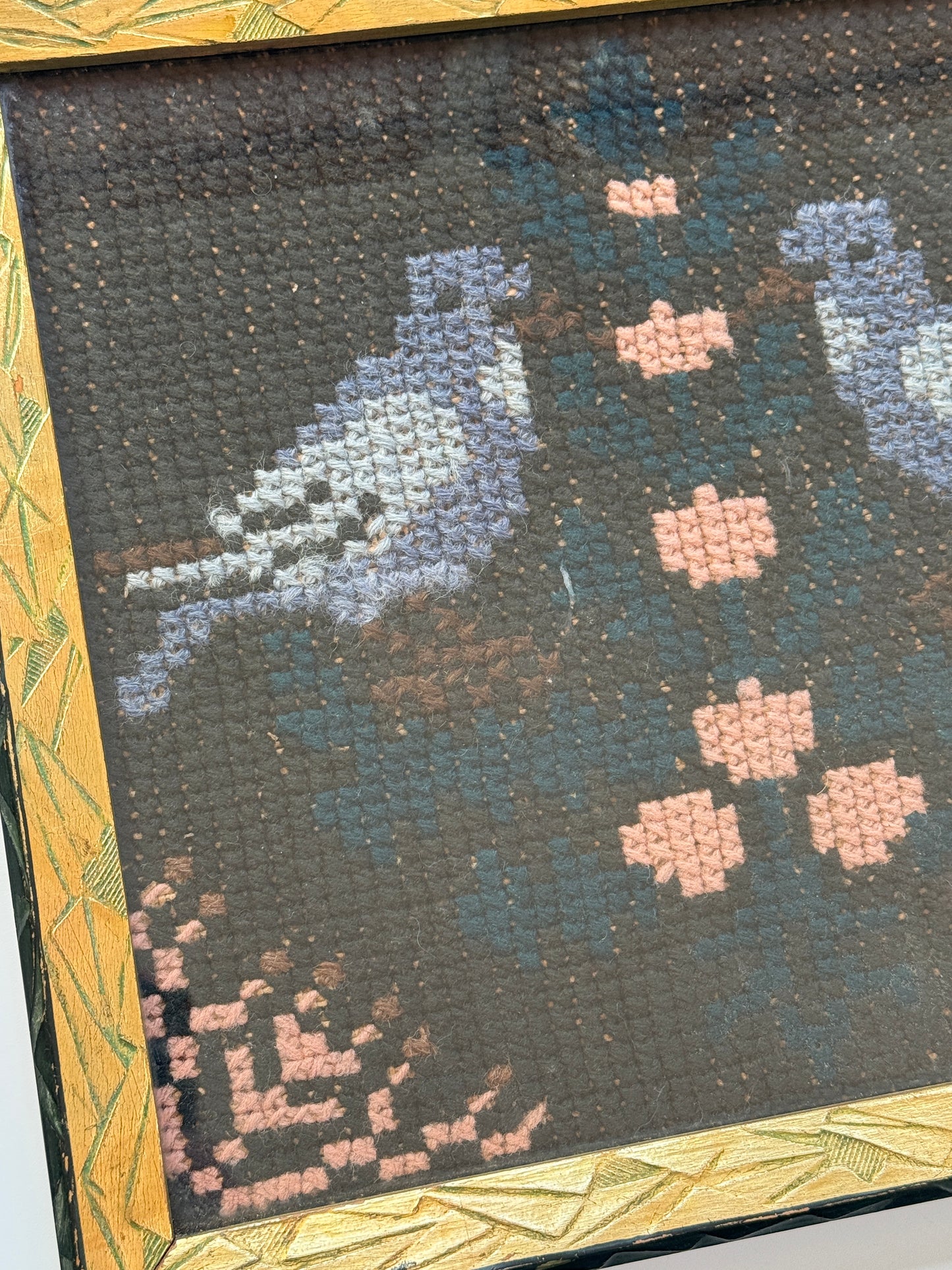 Antique Bluebirds and Hearts Cross Stitch in Carved Gold Frame