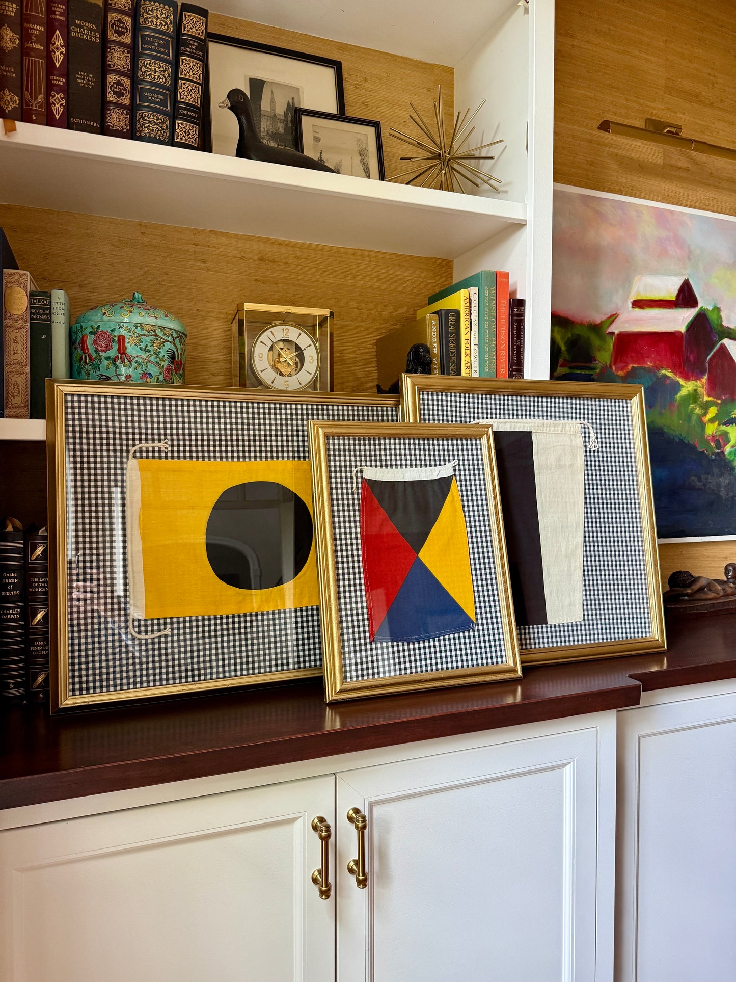 Vintage Cotton Canvas Nautical Yachting Signal Flag for "I" on Black and White Gingham in Gold Frame