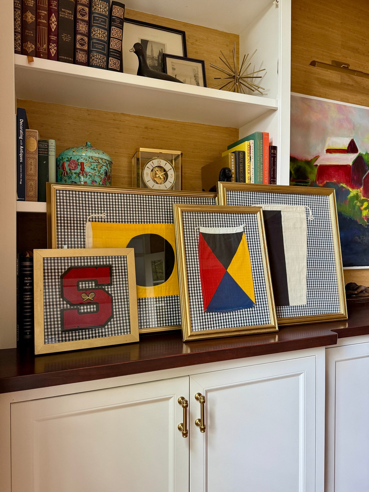 Vintage Cotton Canvas Nautical Yachting Signal Flag for "I" on Black and White Gingham in Gold Frame