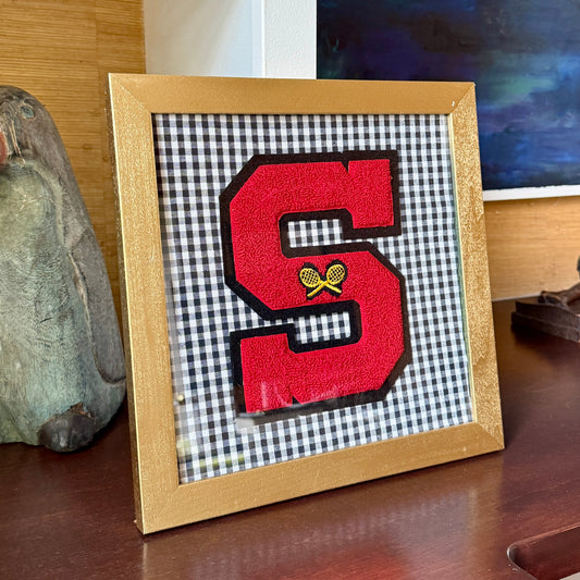 Vintage Large Varsity Tennis Initial Letter "S" on Black Gingham Fabric in Gold Frame