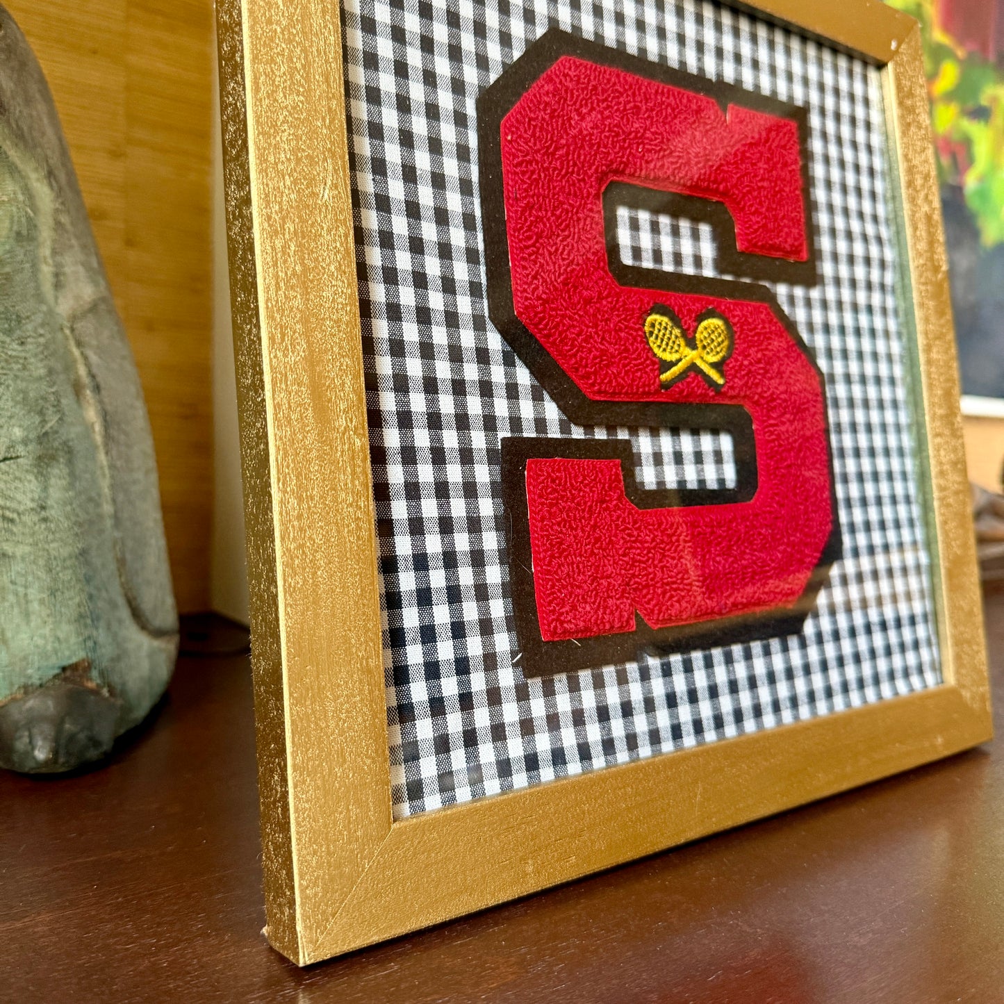 Vintage Large Varsity Tennis Initial Letter "S" on Black Gingham Fabric in Gold Frame
