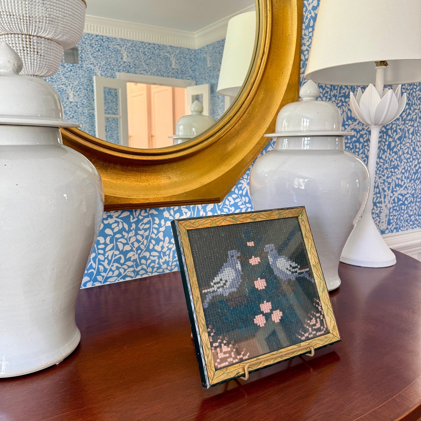 Antique Bluebirds and Hearts Cross Stitch in Carved Gold Frame