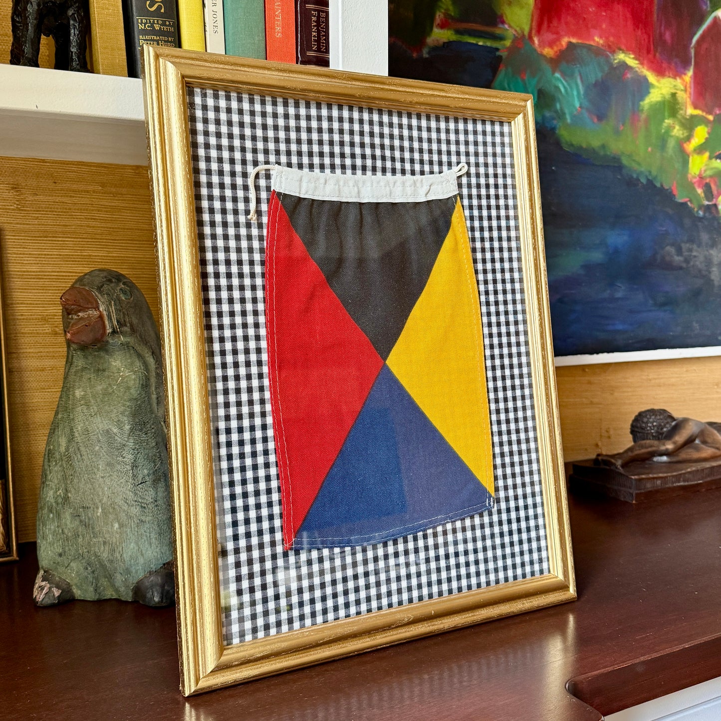 Vintage Cotton Canvas Nautical Yachting Signal Flag for "Z" on Black and White Gingham in Gold Frame