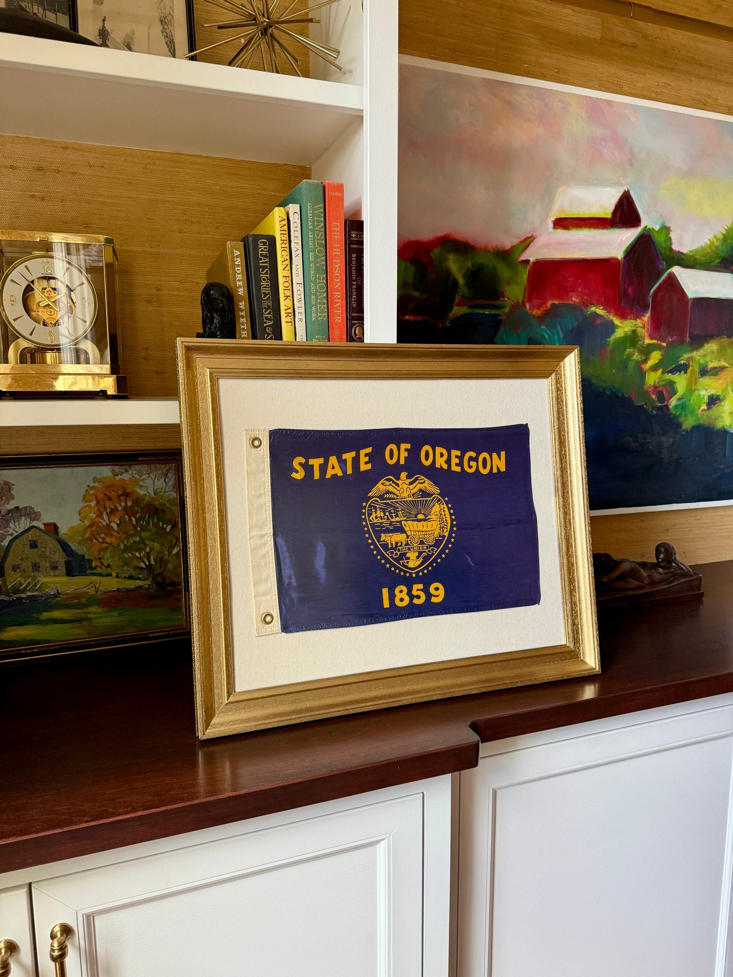 Vintage State of Oregon Silk Flag on Duck Cloth in Gold Frame