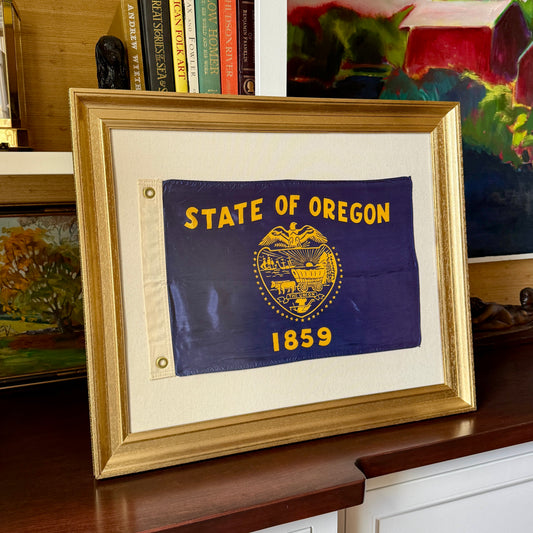 Vintage State of Oregon Silk Flag on Duck Cloth in Gold Frame