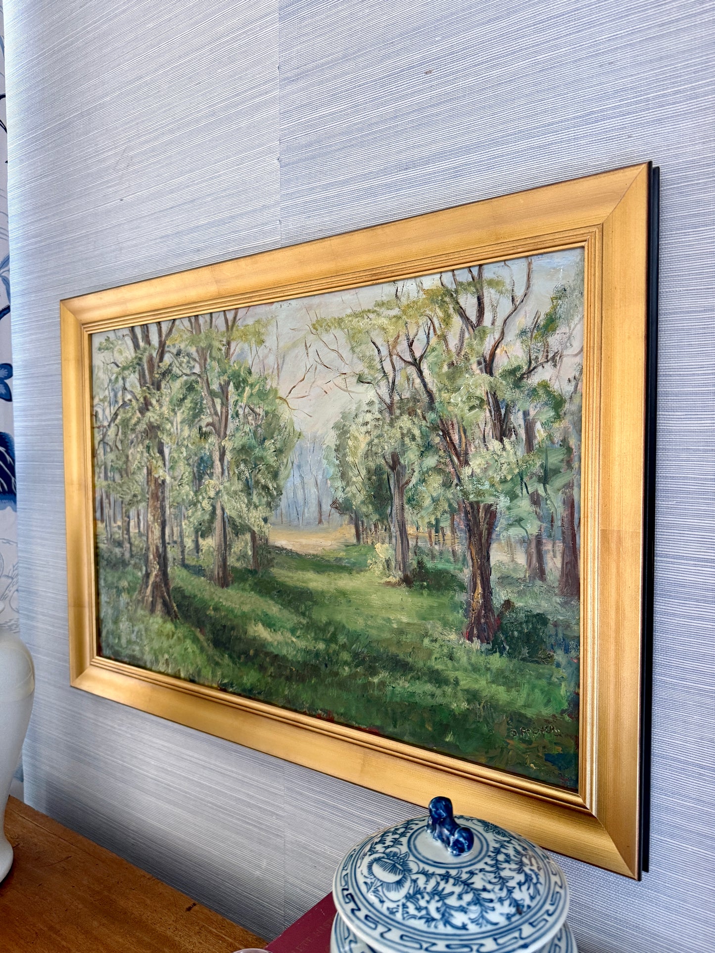 Vintage Wooded Path Verdant Landscape Oil Painting in Gold Frame