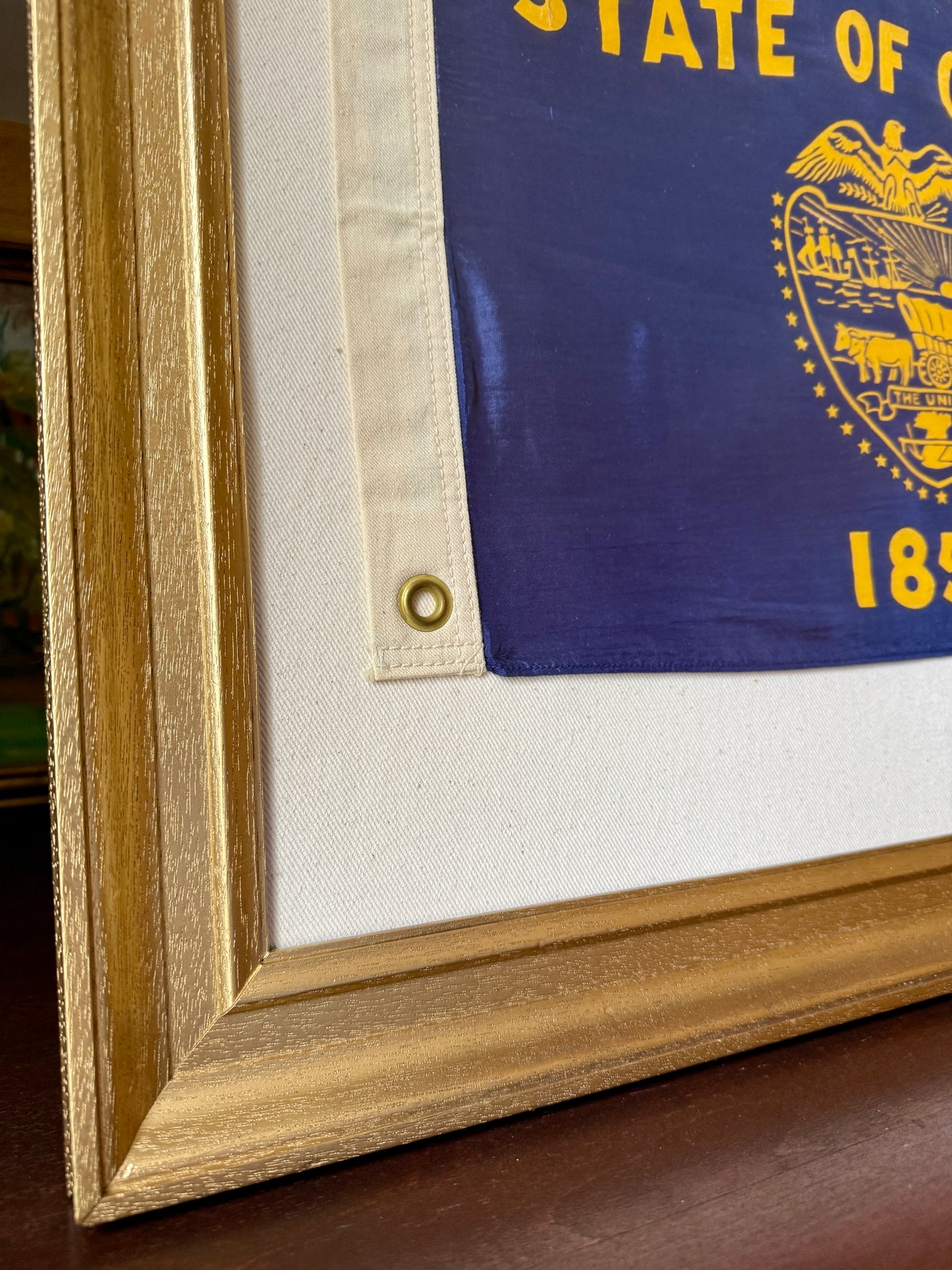 Vintage State of Oregon Silk Flag on Duck Cloth in Gold Frame
