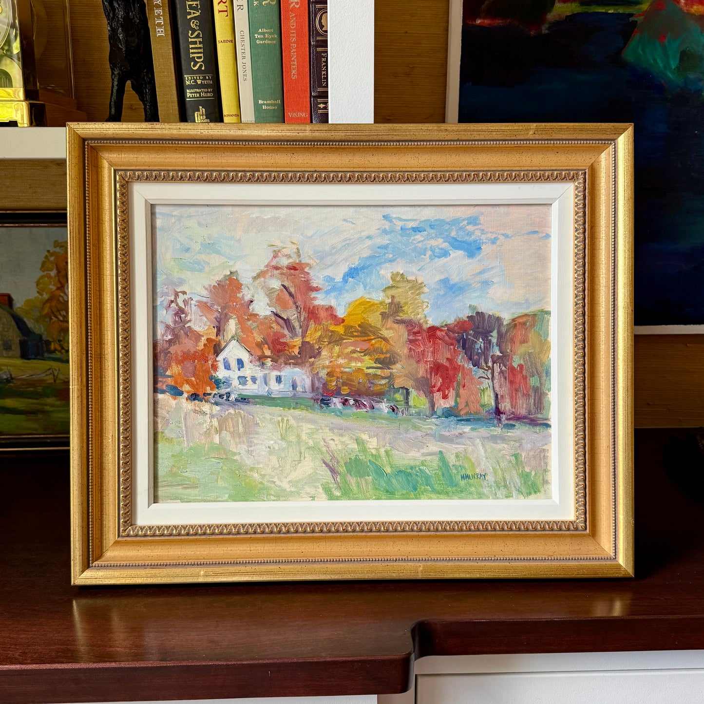 Hazel Murray Impressionist Fall White Farmhouse Landscape Oil Painting in Gold Frame