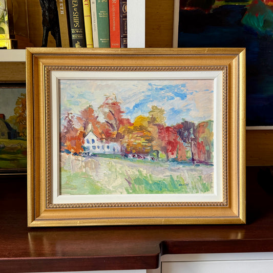 Hazel Murray Impressionist Fall White Farmhouse Landscape Oil Painting in Gold Frame