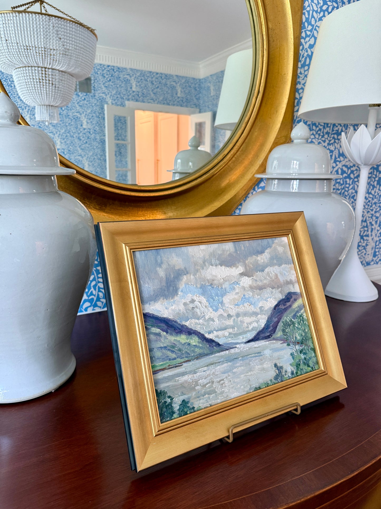 Vintage Blue Skies in the River Valley Mountain Landscape Oil Painting in Gold Frame