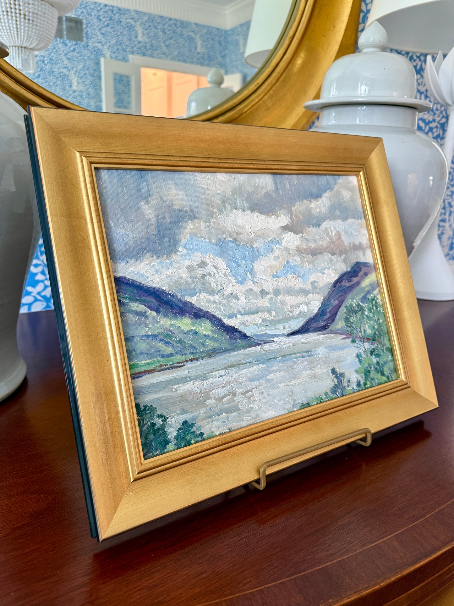 Vintage Blue Skies in the River Valley Mountain Landscape Oil Painting in Gold Frame