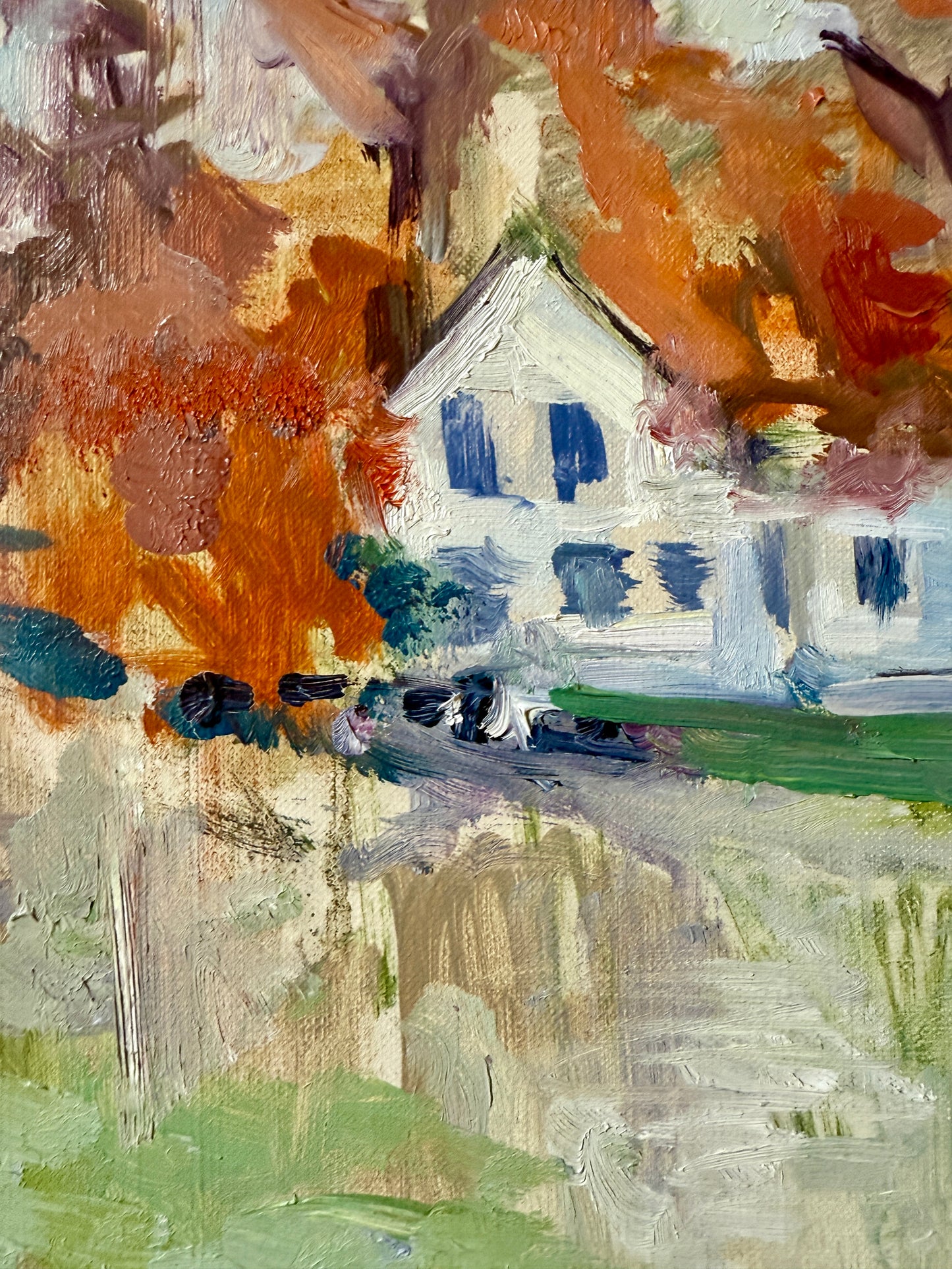Hazel Murray Impressionist Fall White Farmhouse Landscape Oil Painting in Gold Frame