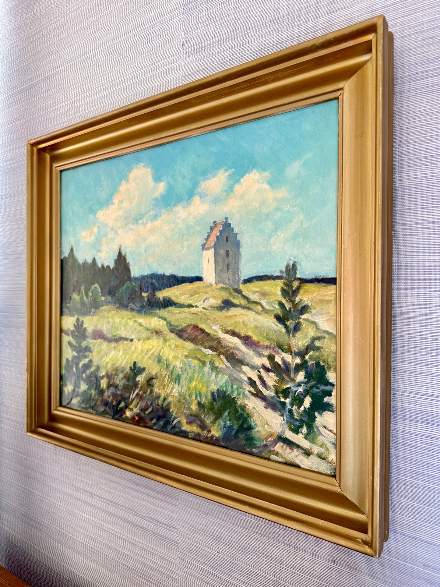 Einar Gross Sand Covered Church Skagen, Denmark Landscape Oil Painting in Gold Frame