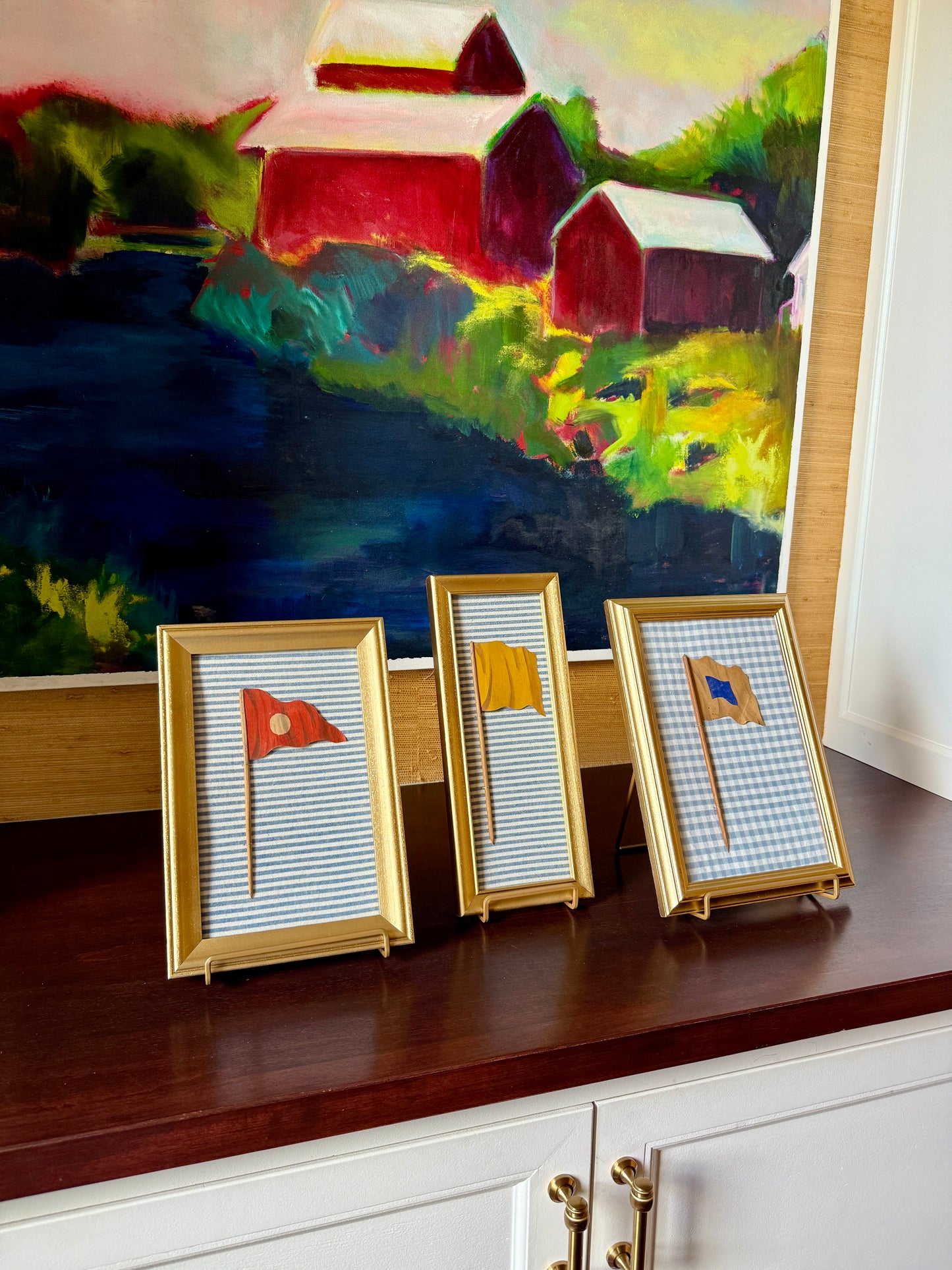 1905 Trio of Nautical Flag Oil Paintings on Blue and White in Gold Frames
