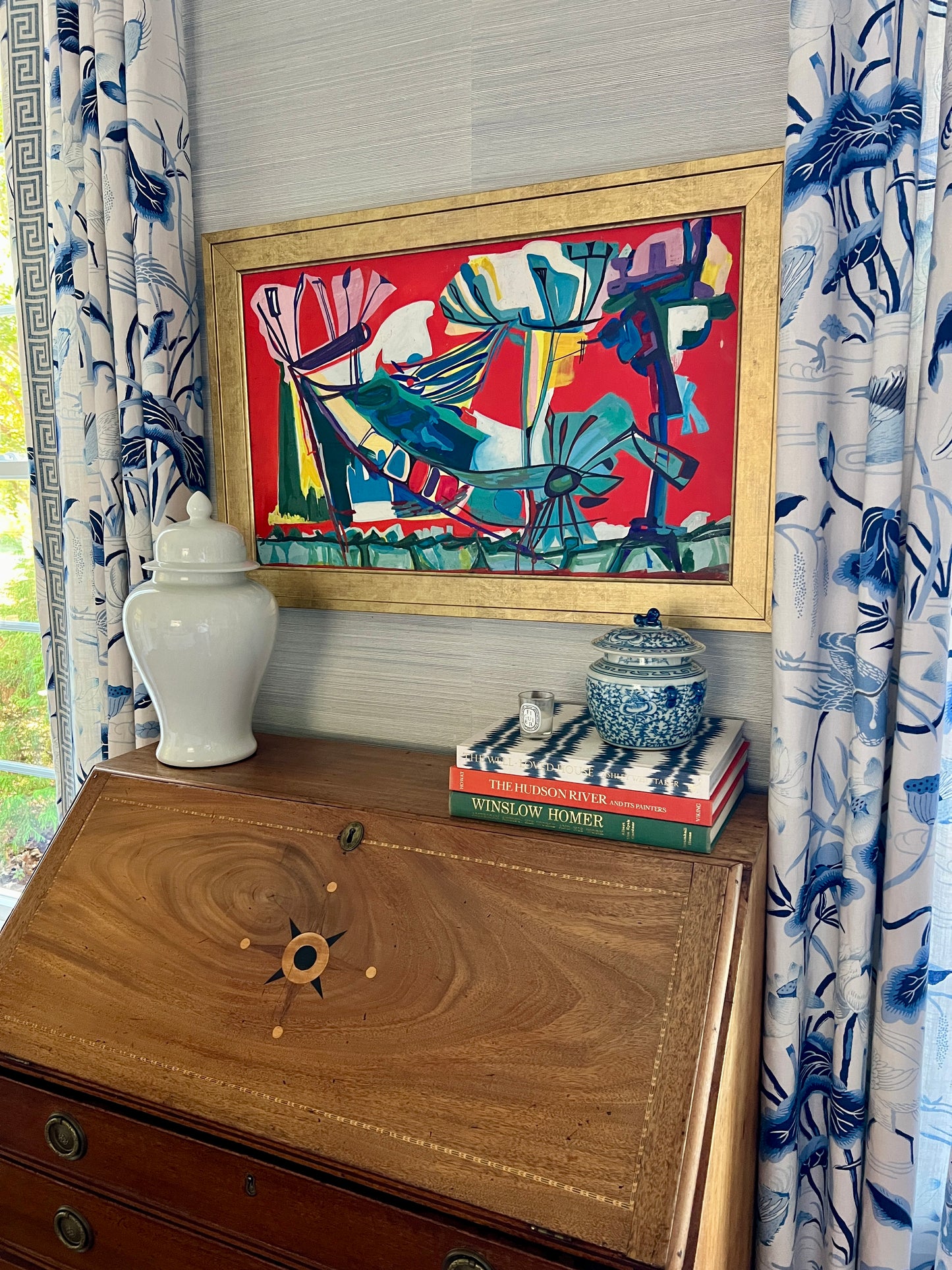 Vintage Abstract Osiris and the Jackal-Headed Anubis Gouache Painting in Gold Frame