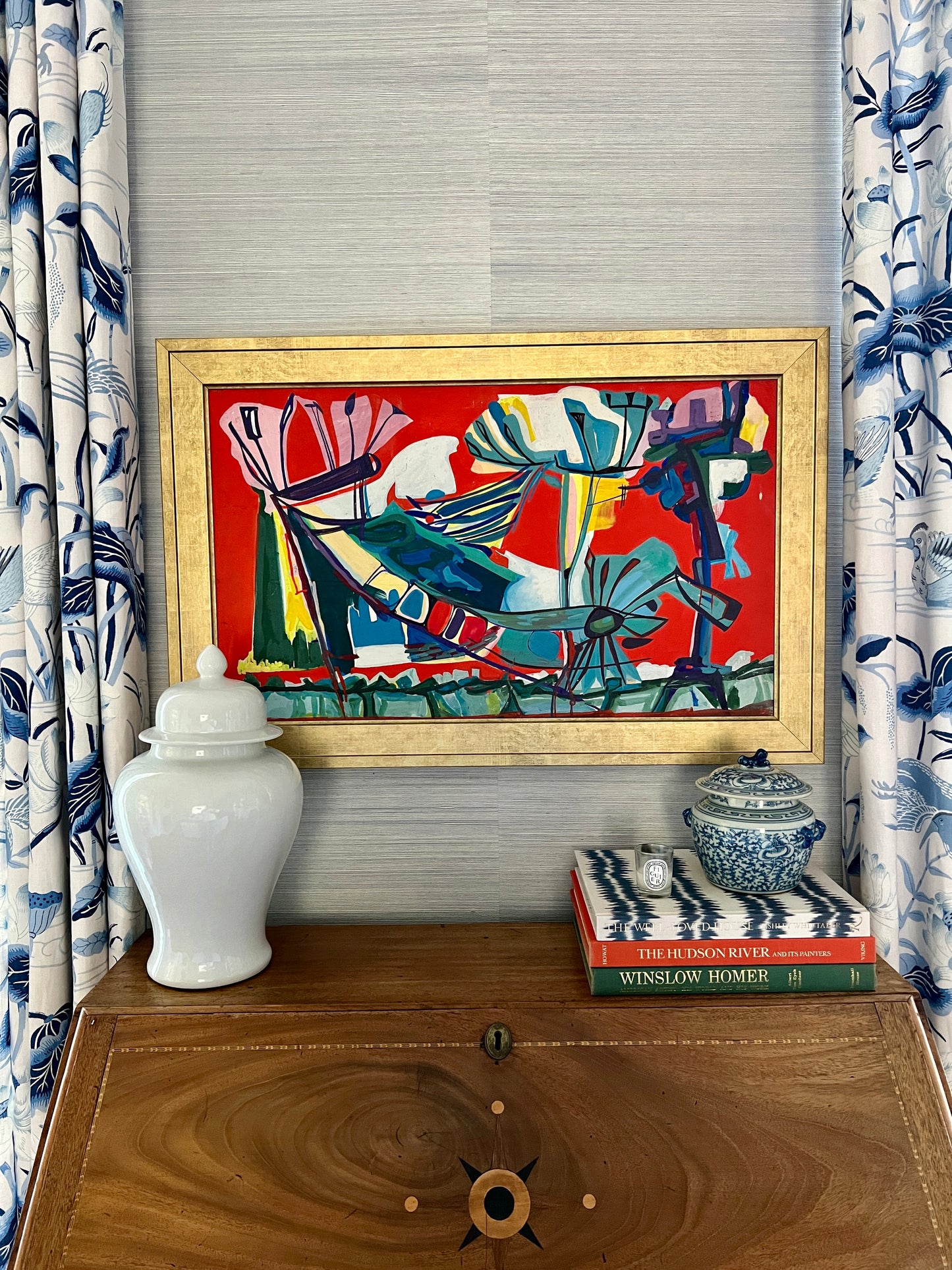 Vintage Abstract Osiris and the Jackal-Headed Anubis Gouache Painting in Gold Frame
