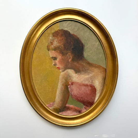 Vintage Mid Century American Young Lady Portrait Oil Painting in Gold Oval Frame