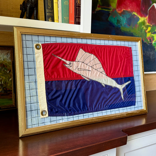 Vintage Sailfish Capture Trophy Flag on Blue Windowpane Check Fabric in Gold Frame