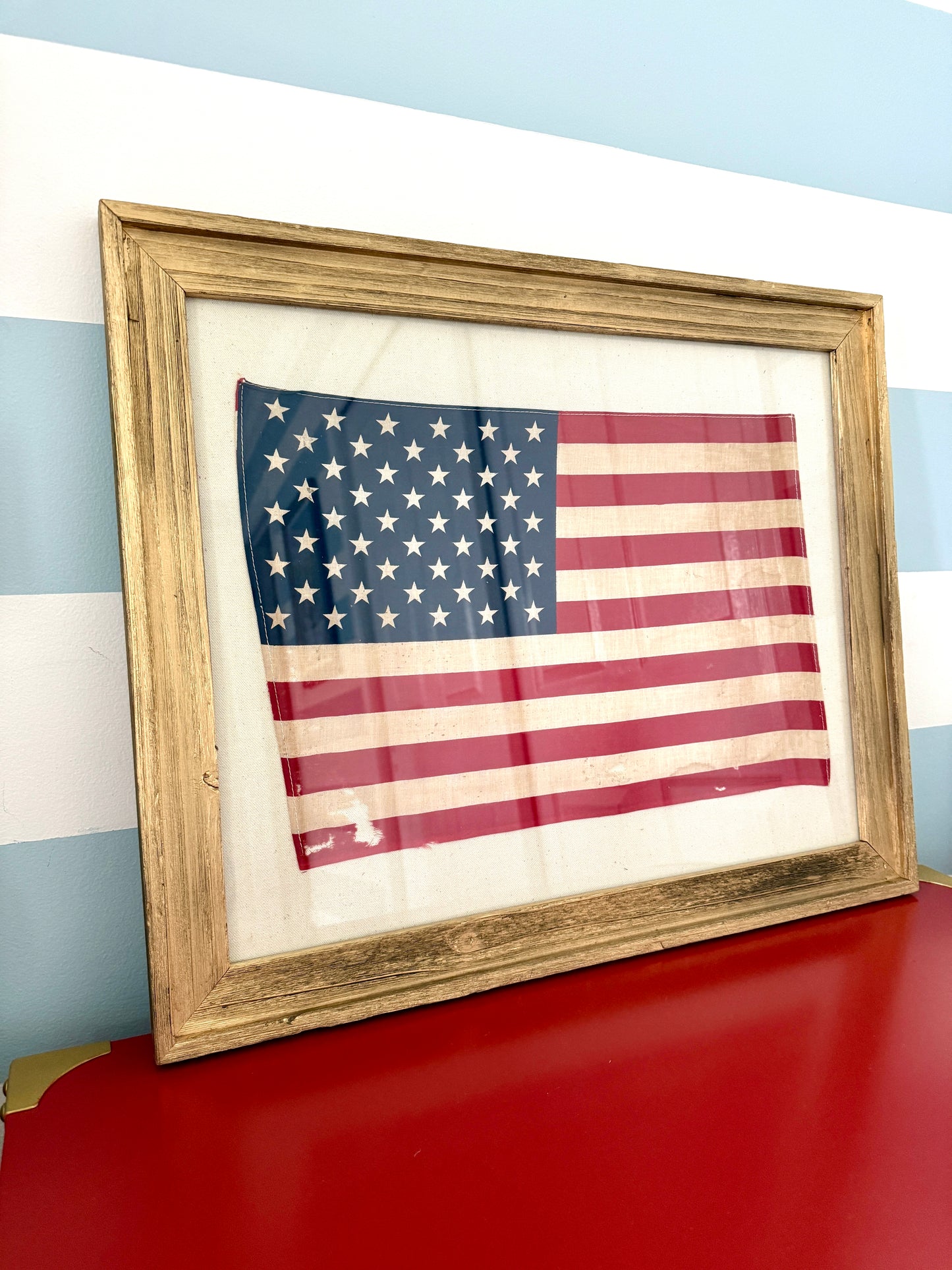Vintage 50 Star American Parade Flag on Duck Cloth Fabric in Gold Barnwood Frame
