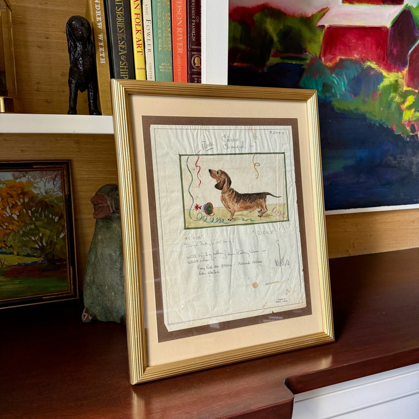 George Wells Ricky the Party Dachshund Rug Design Sketch in Gold Frame