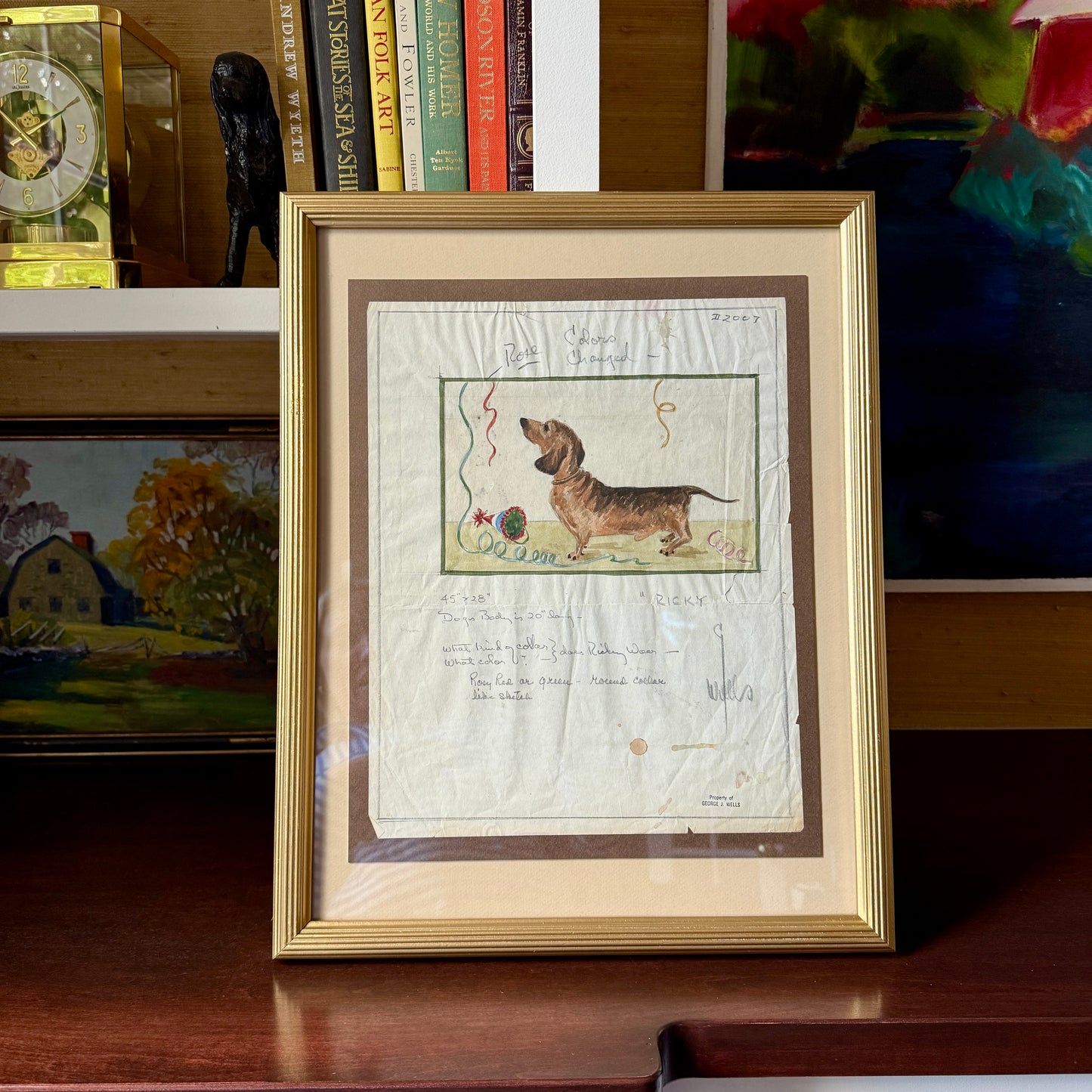 George Wells Ricky the Party Dachshund Rug Design Sketch in Gold Frame