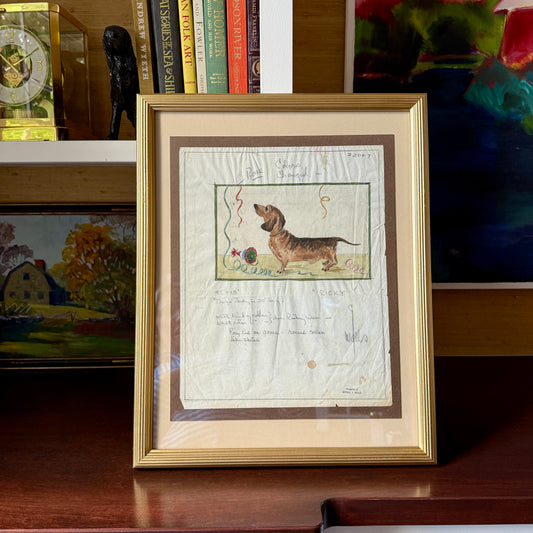George Wells Ricky the Party Dachshund Rug Design Sketch in Gold Frame