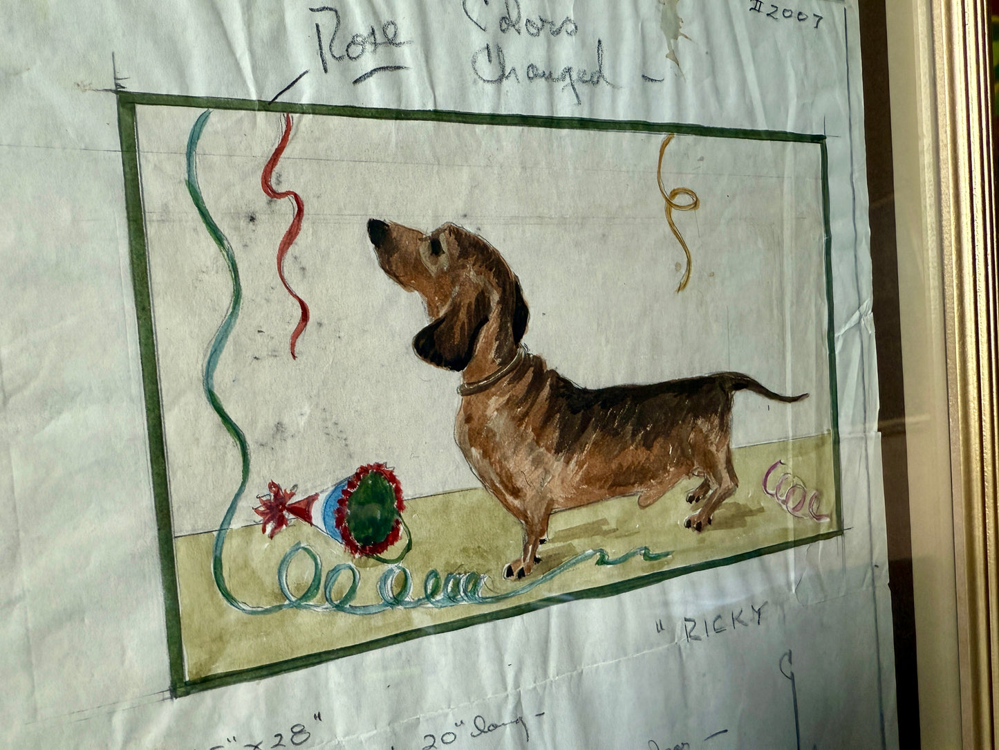 George Wells Ricky the Party Dachshund Rug Design Sketch in Gold Frame