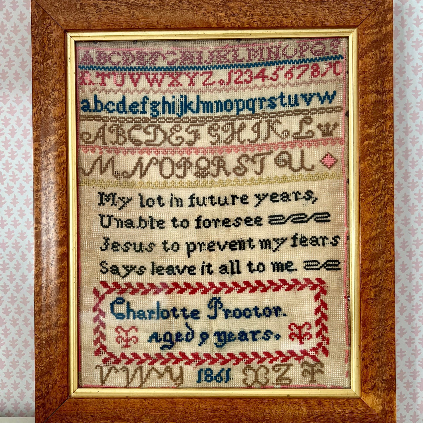 19th Century Wool on Linen Antique Needlepoint Sampler dated 1861
