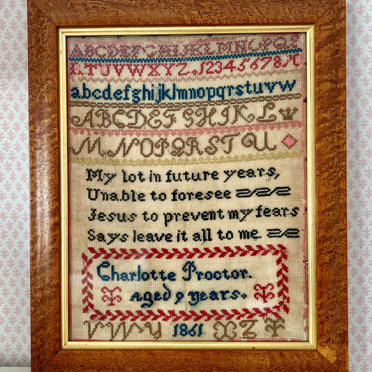19th Century Wool on Linen Antique Needlepoint Sampler dated 1861