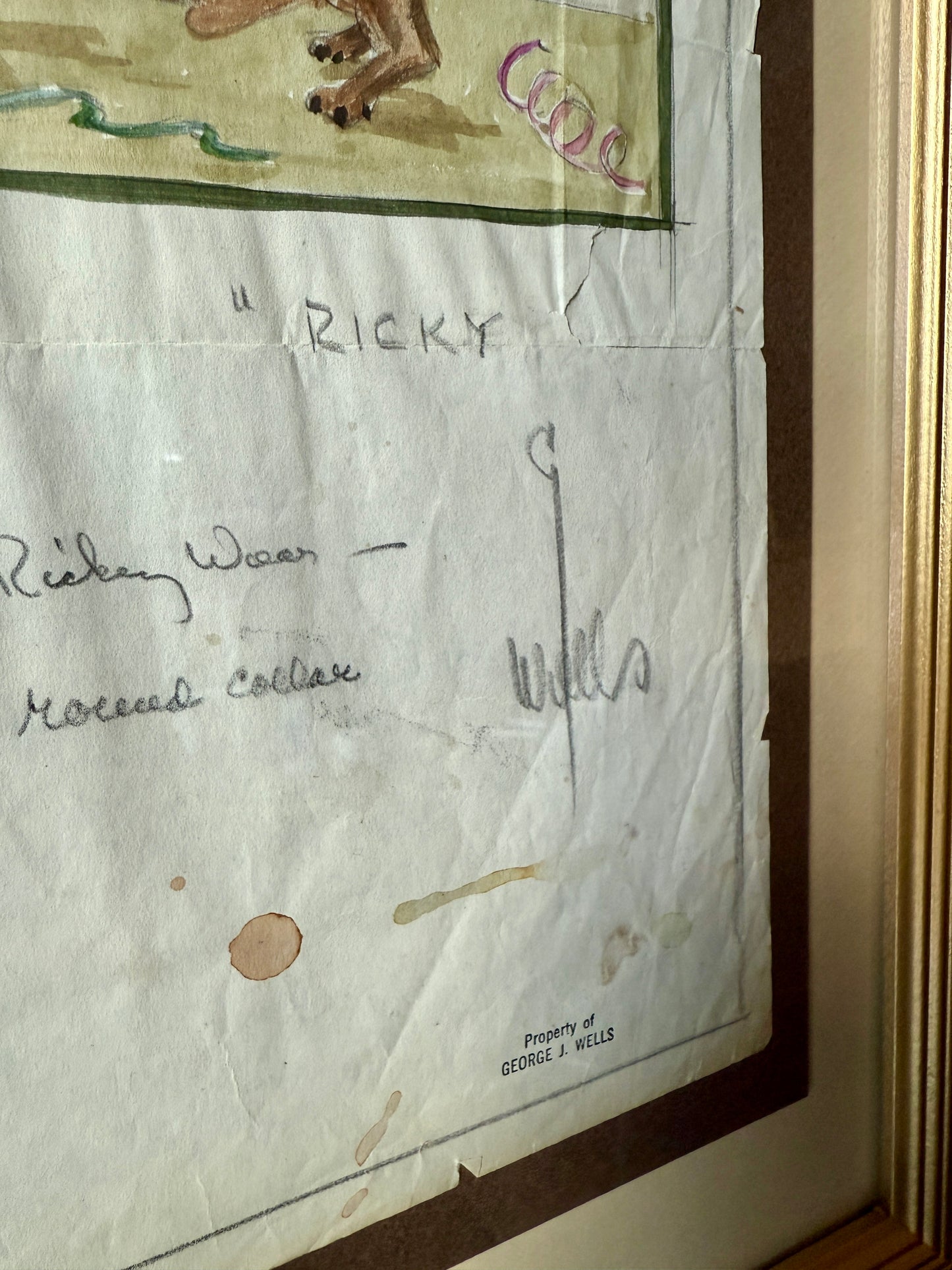 George Wells Ricky the Party Dachshund Rug Design Sketch in Gold Frame