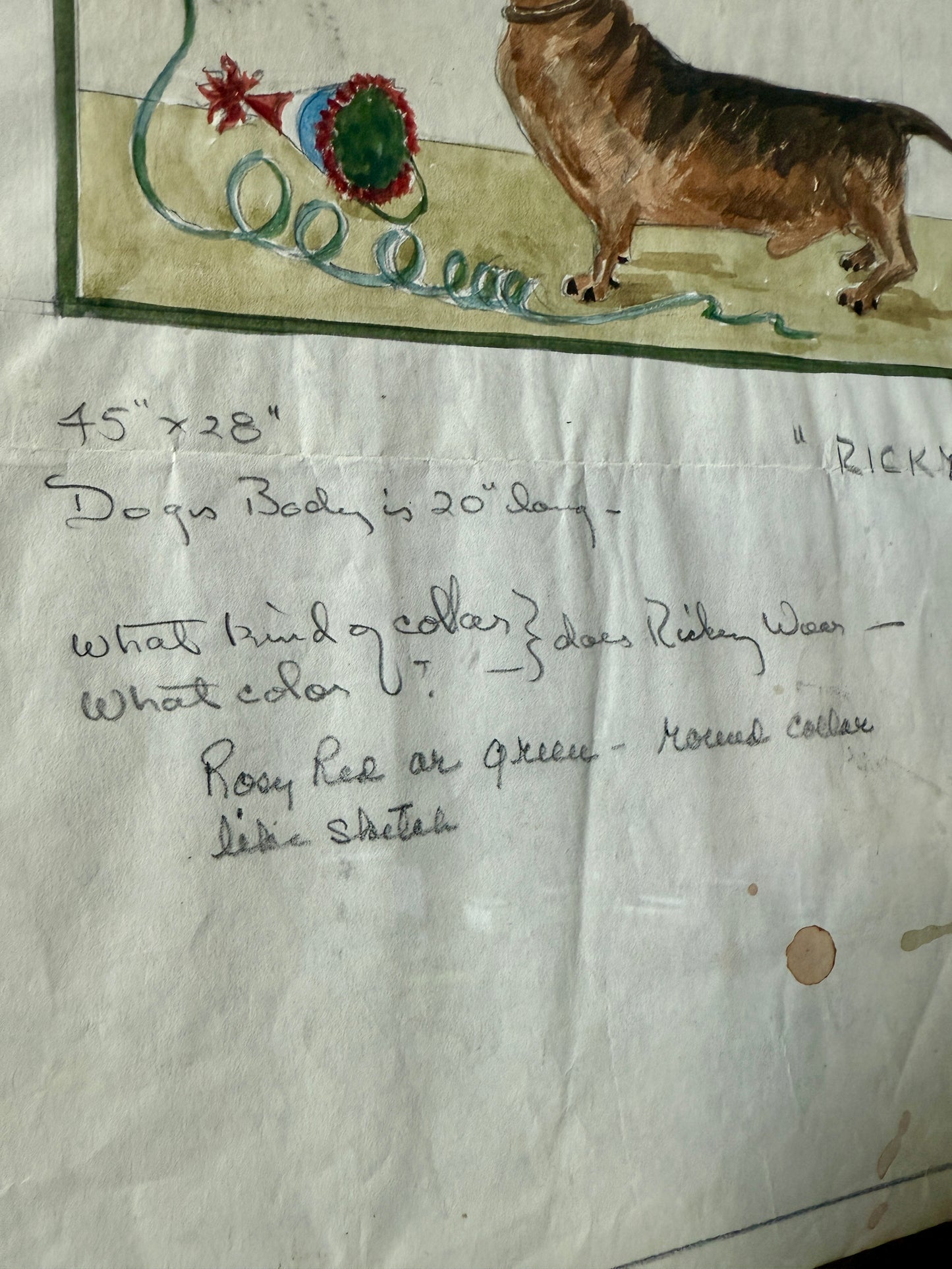 George Wells Ricky the Party Dachshund Rug Design Sketch in Gold Frame