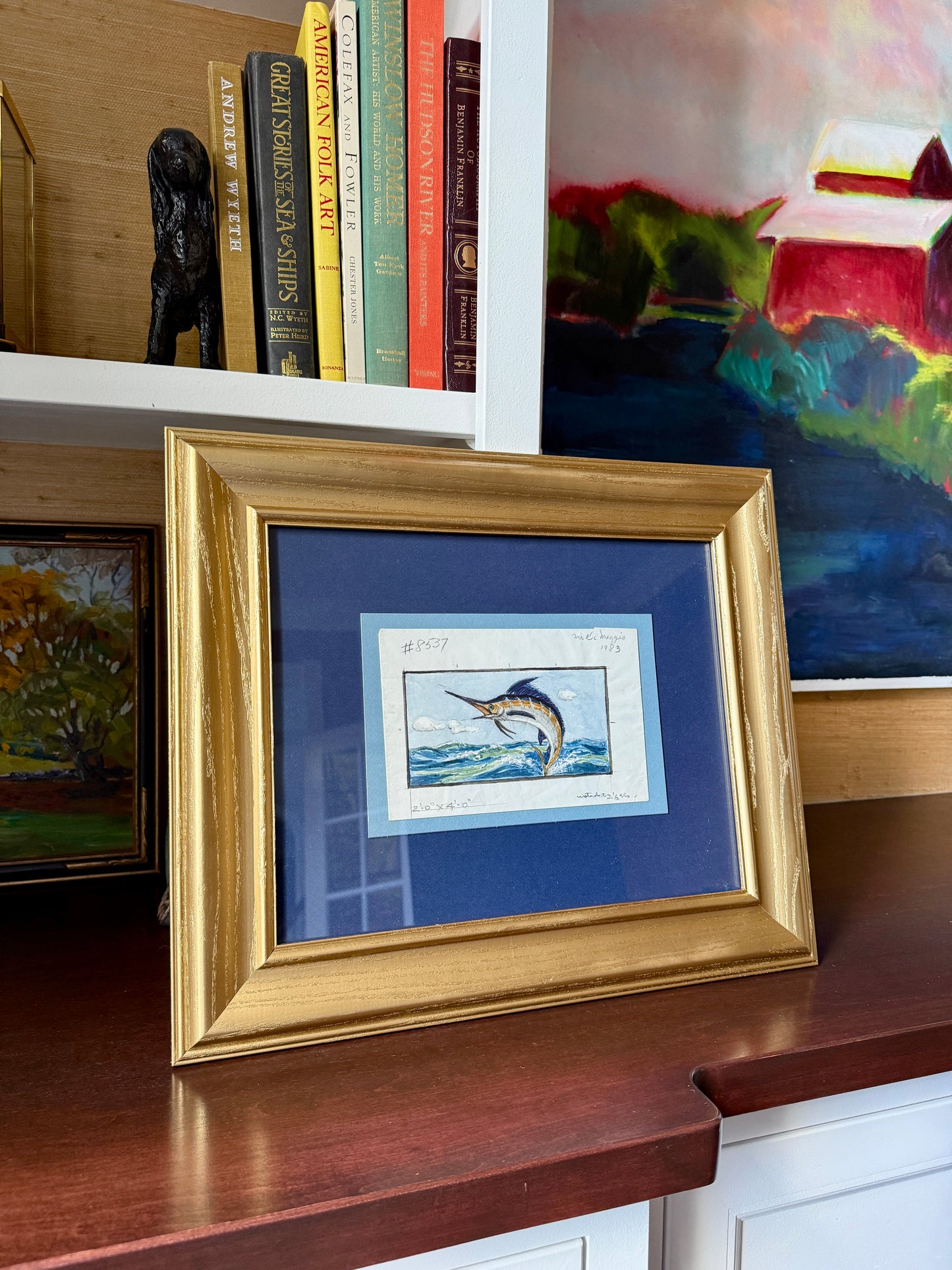 George Wells Marlin Fish Rug Design Watercolor Painting for Mr. DiMaggio in Gold Frame