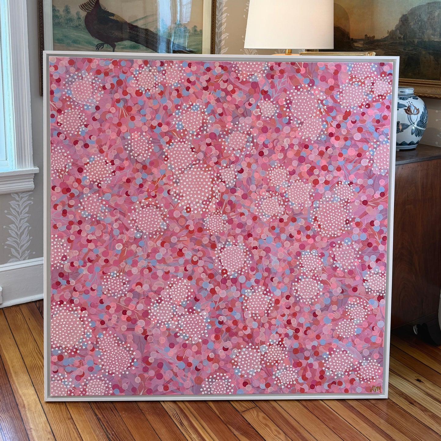 Alison Diamond McElroy Go Pink or Go Home Abstract Floral Painting in White Floater Frame