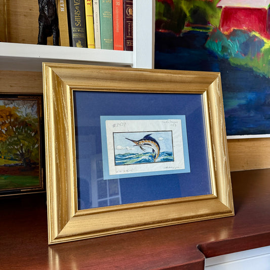 George Wells Marlin Fish Rug Design Watercolor Painting for Mr. DiMaggio in Gold Frame