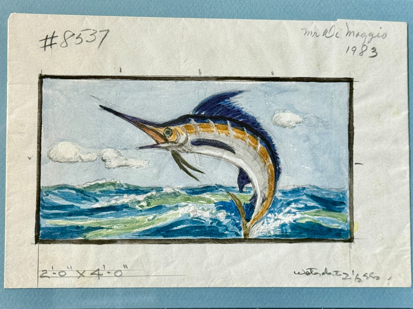 George Wells Marlin Fish Rug Design Watercolor Painting for Mr. DiMaggio in Gold Frame