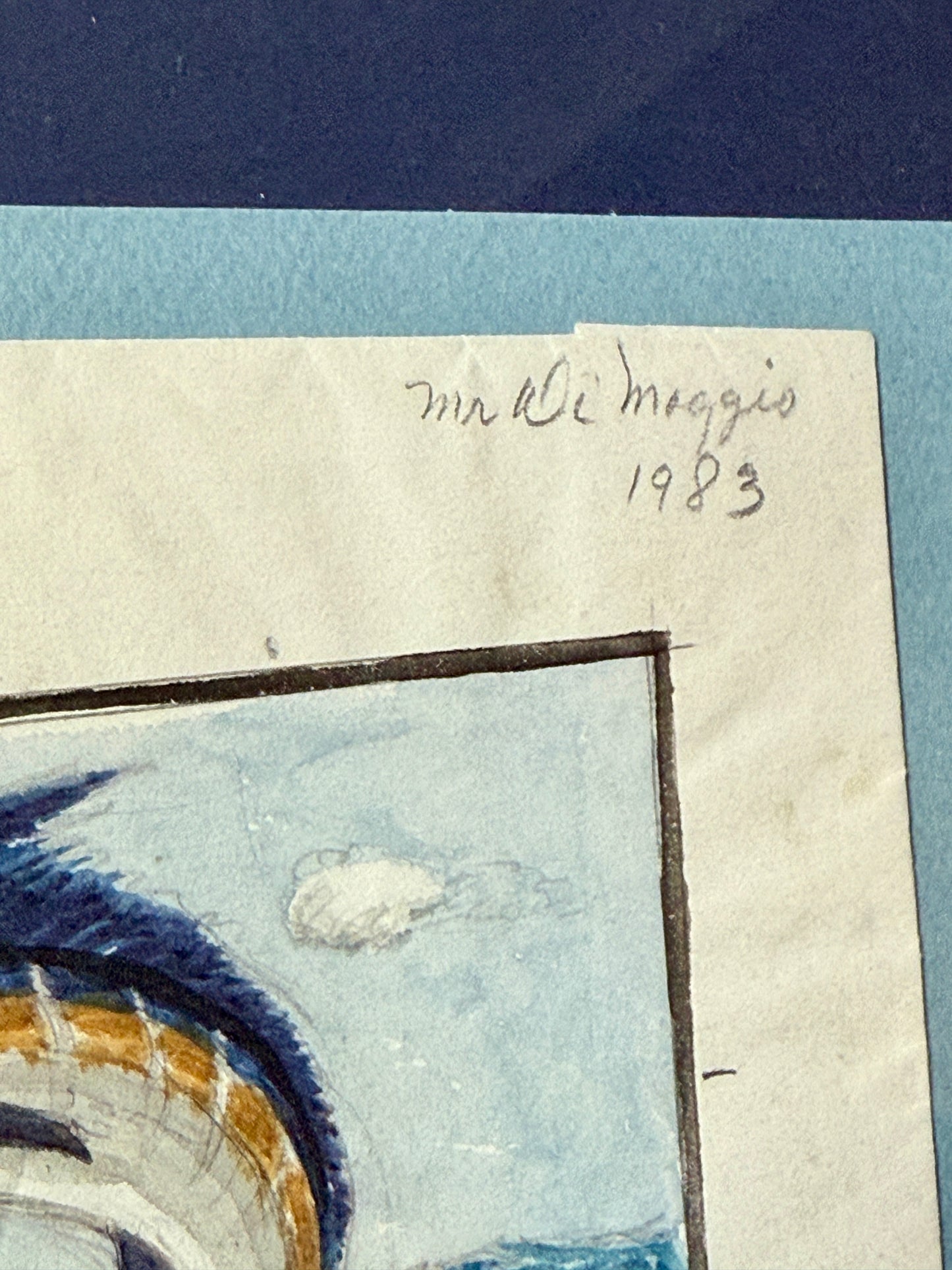 George Wells Marlin Fish Rug Design Watercolor Painting for Mr. DiMaggio in Gold Frame