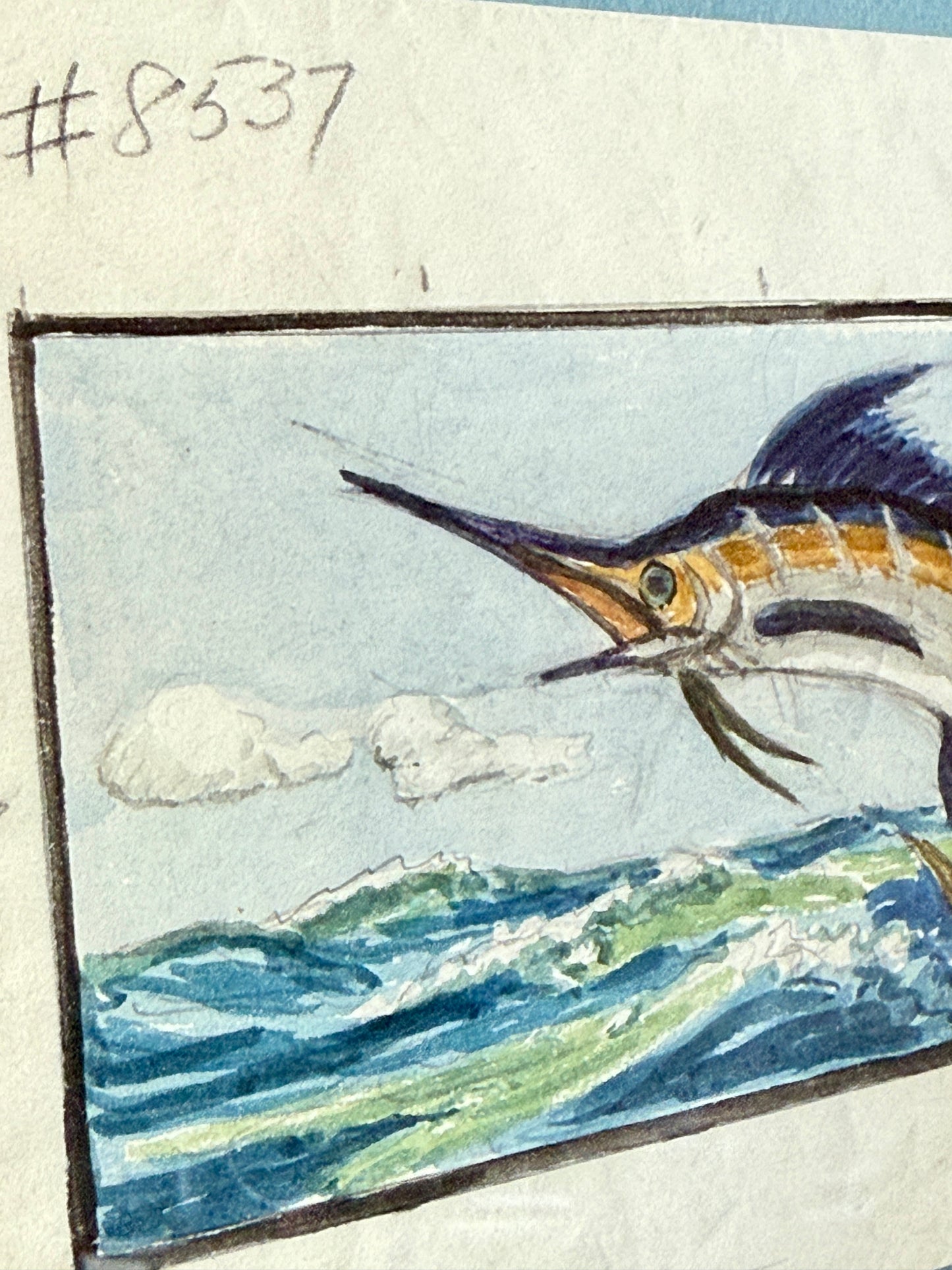 George Wells Marlin Fish Rug Design Watercolor Painting for Mr. DiMaggio in Gold Frame