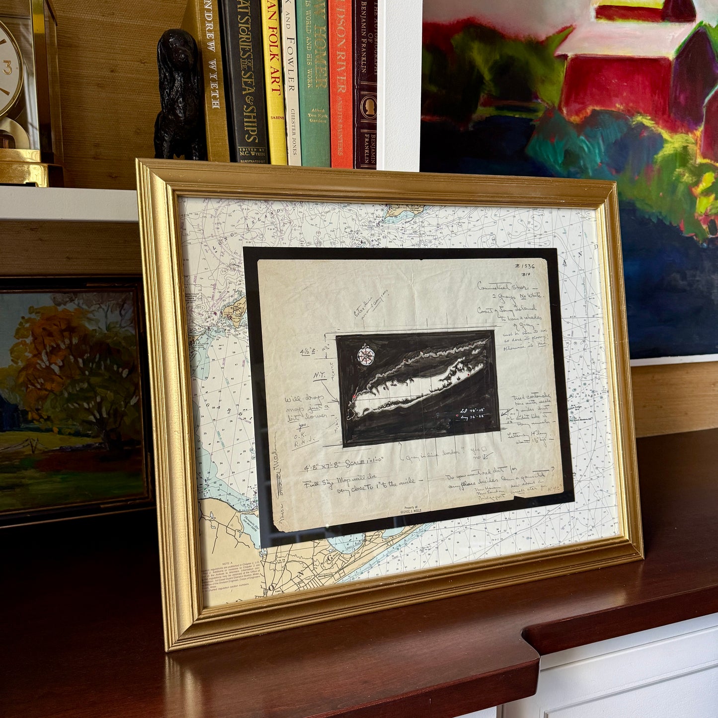 George Wells Long Island Amagansett New York City Rug Design Sketch in Gold Frame