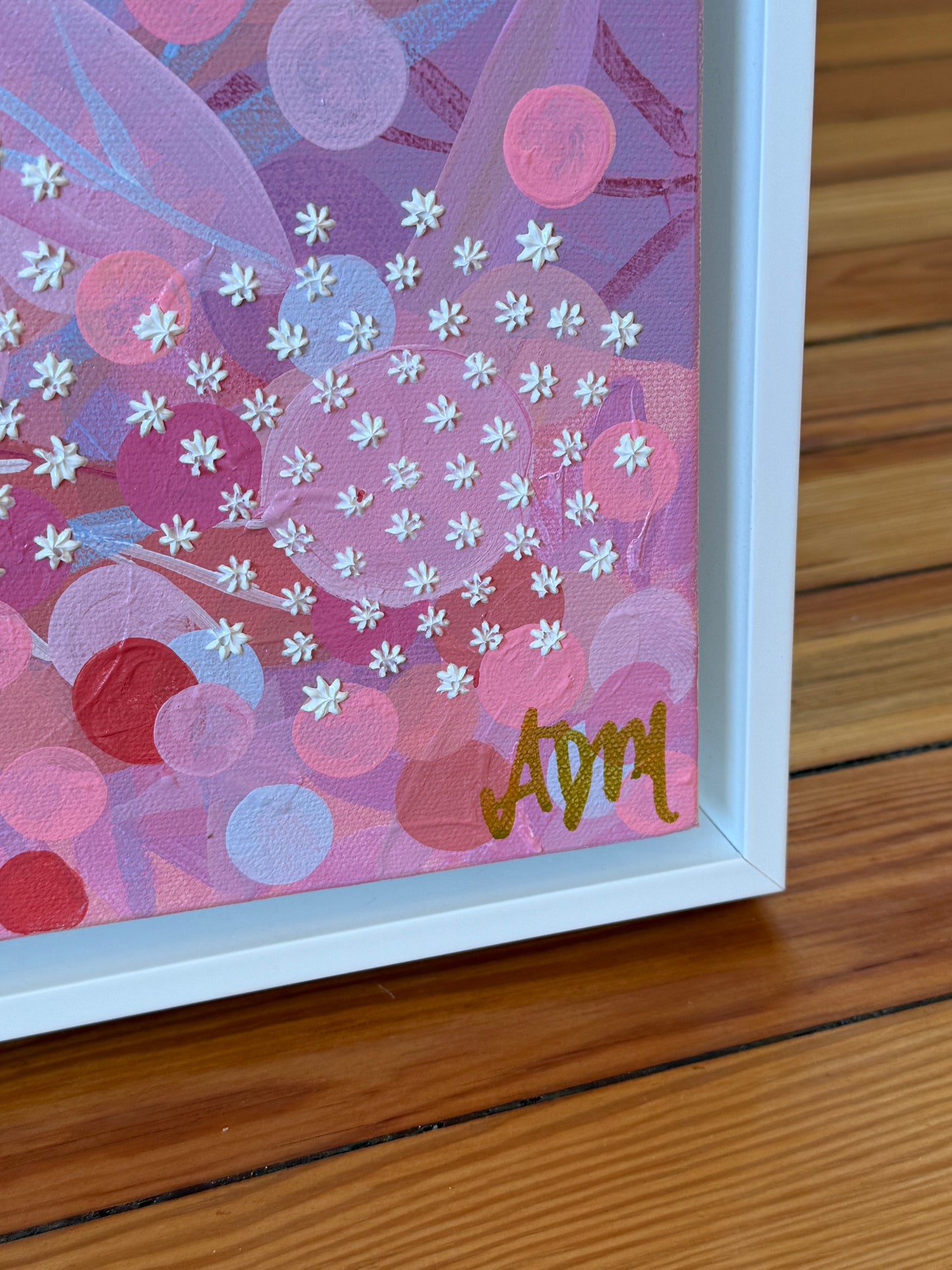 Alison Diamond McElroy Go Pink or Go Home Abstract Floral Painting in White Floater Frame