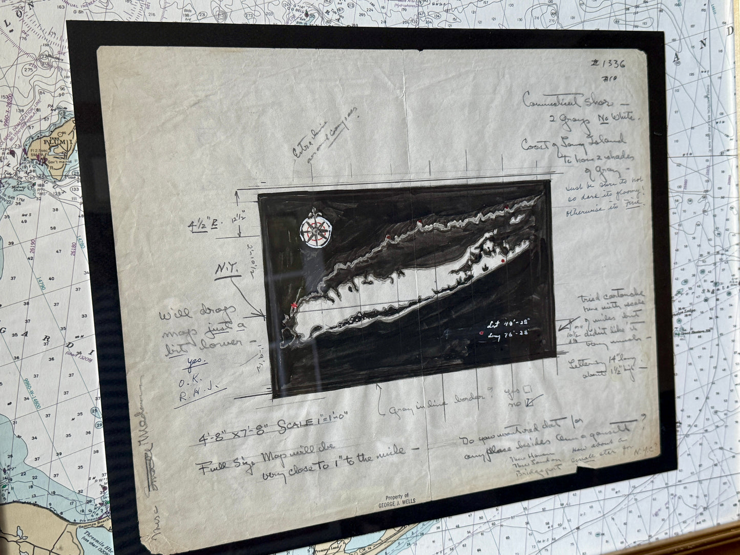George Wells Long Island Amagansett New York City Rug Design Sketch in Gold Frame